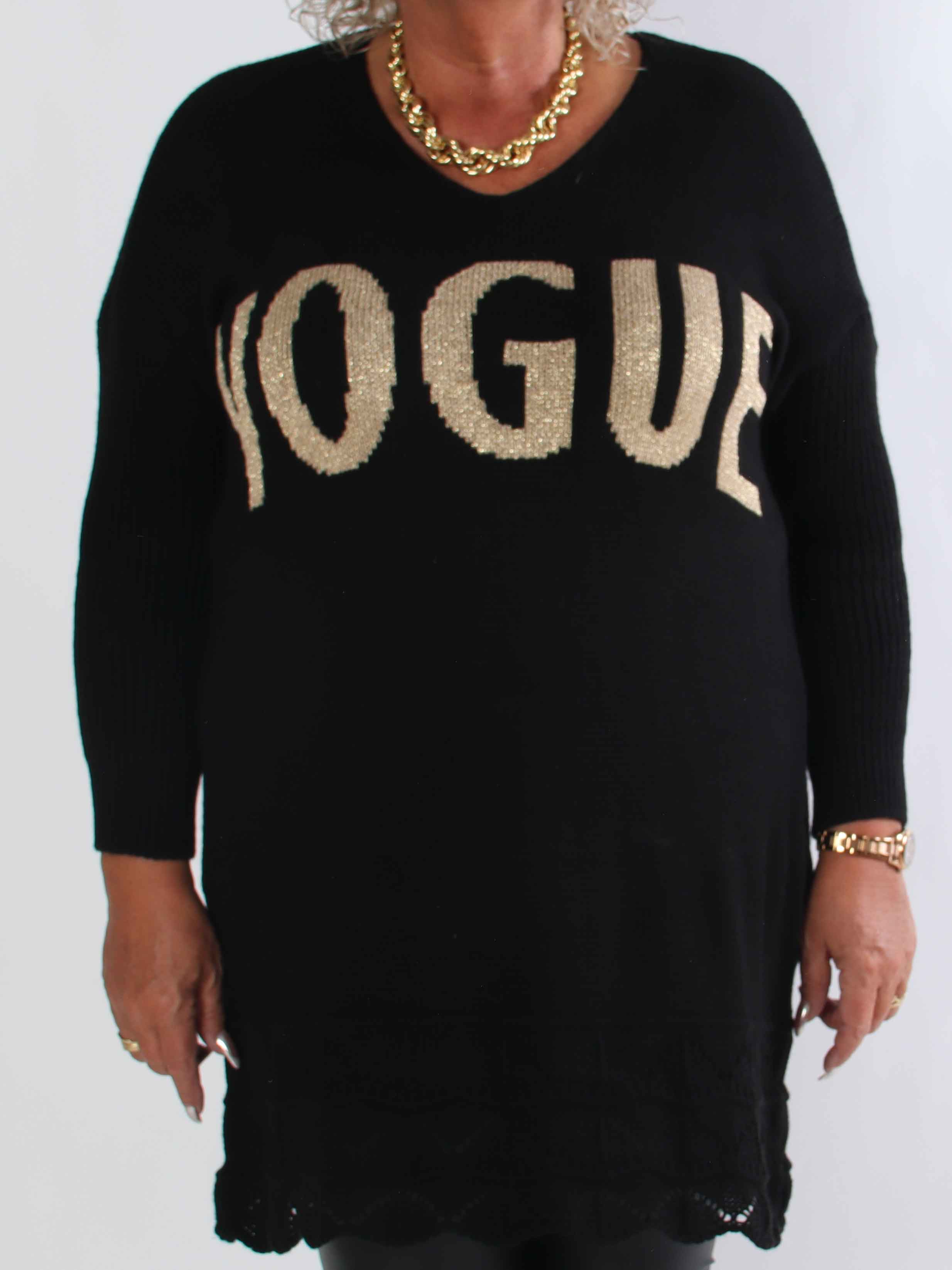 Rebeca Gold - Plus size strikbluse med VOGUE og mønster forneden