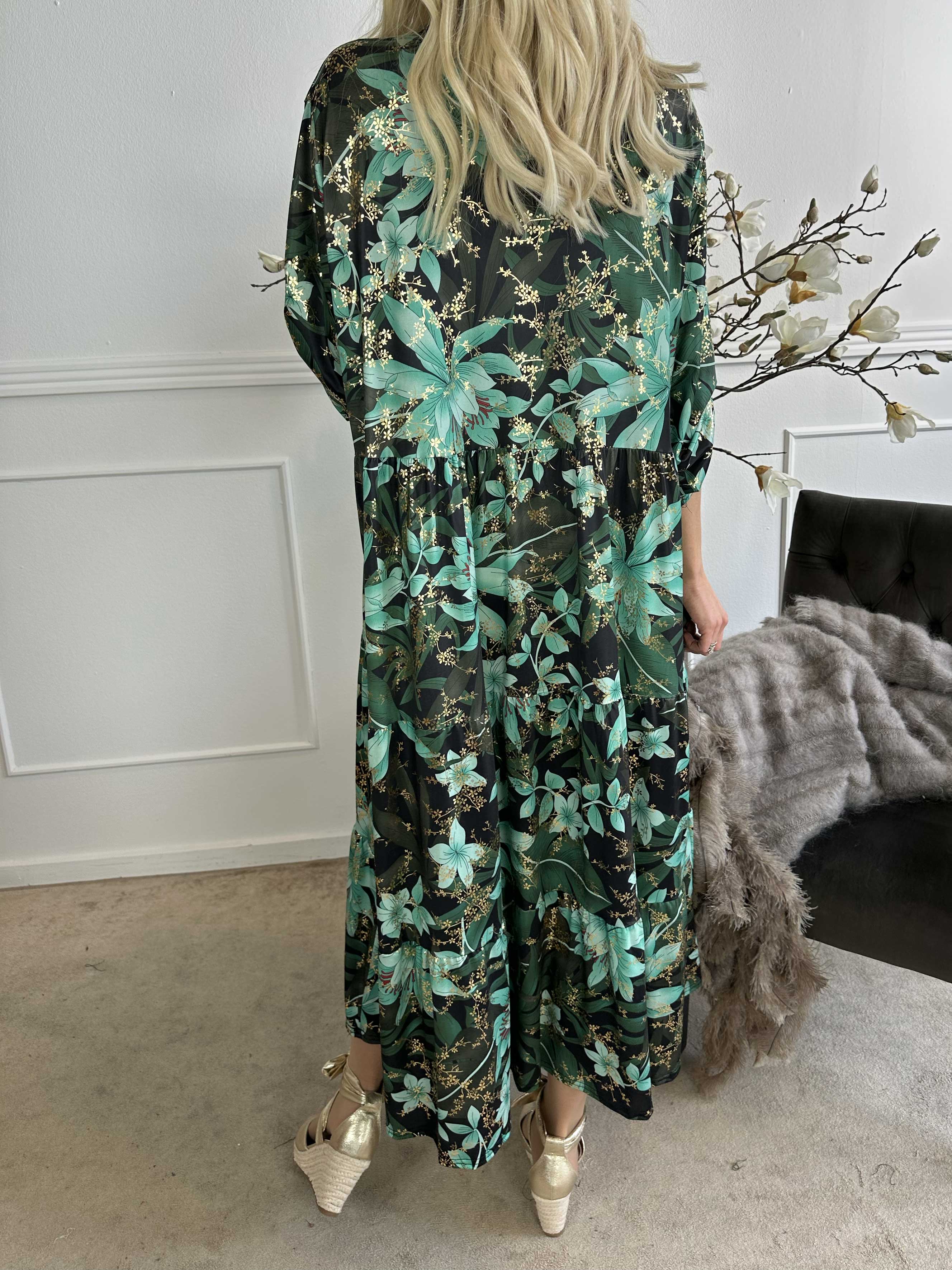 Milano Gold Flower - Lang blomstret kjole med lag på lag look