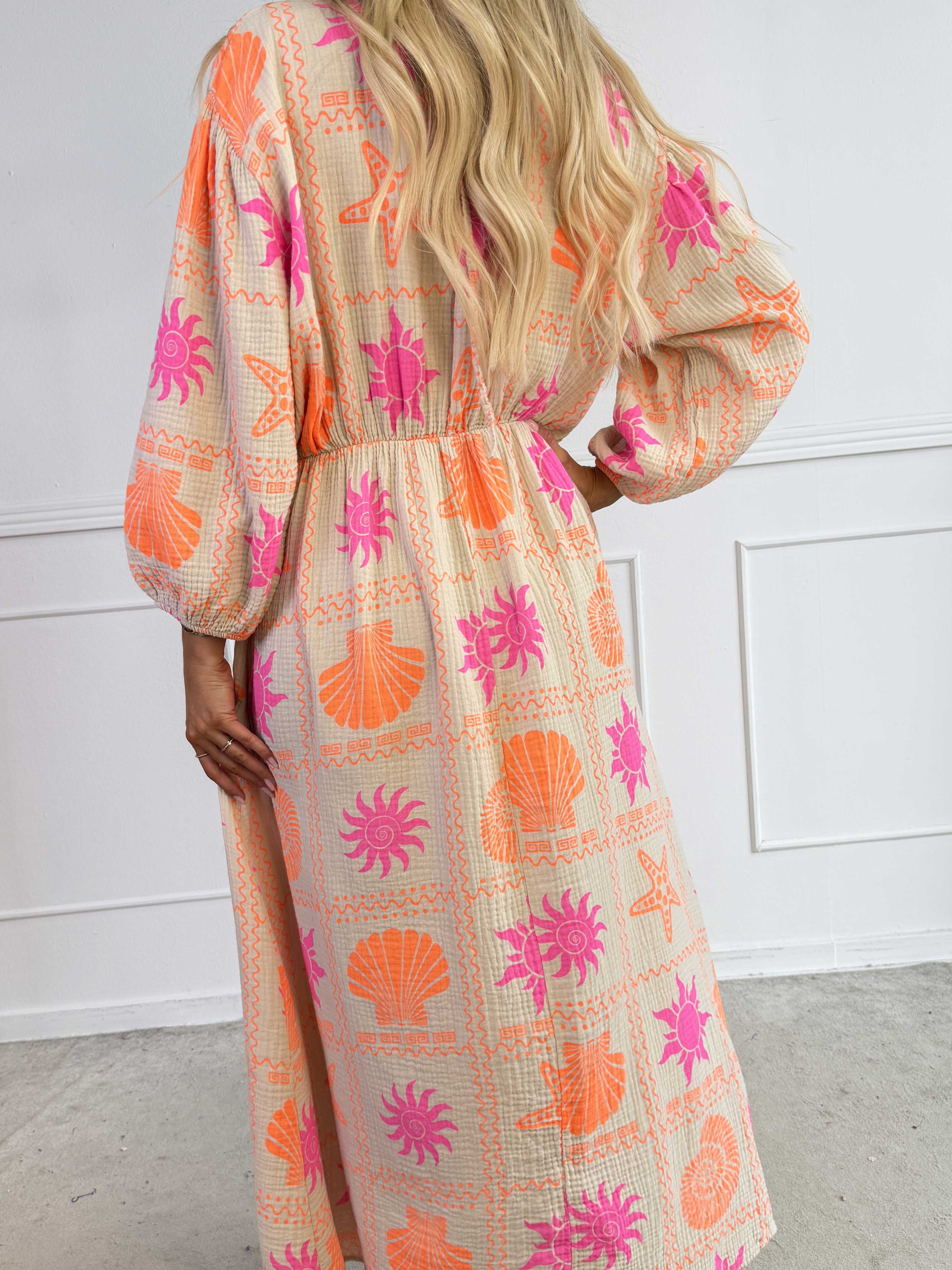Jasmin - Lang kjole i blød musselinstof med farverige motiver