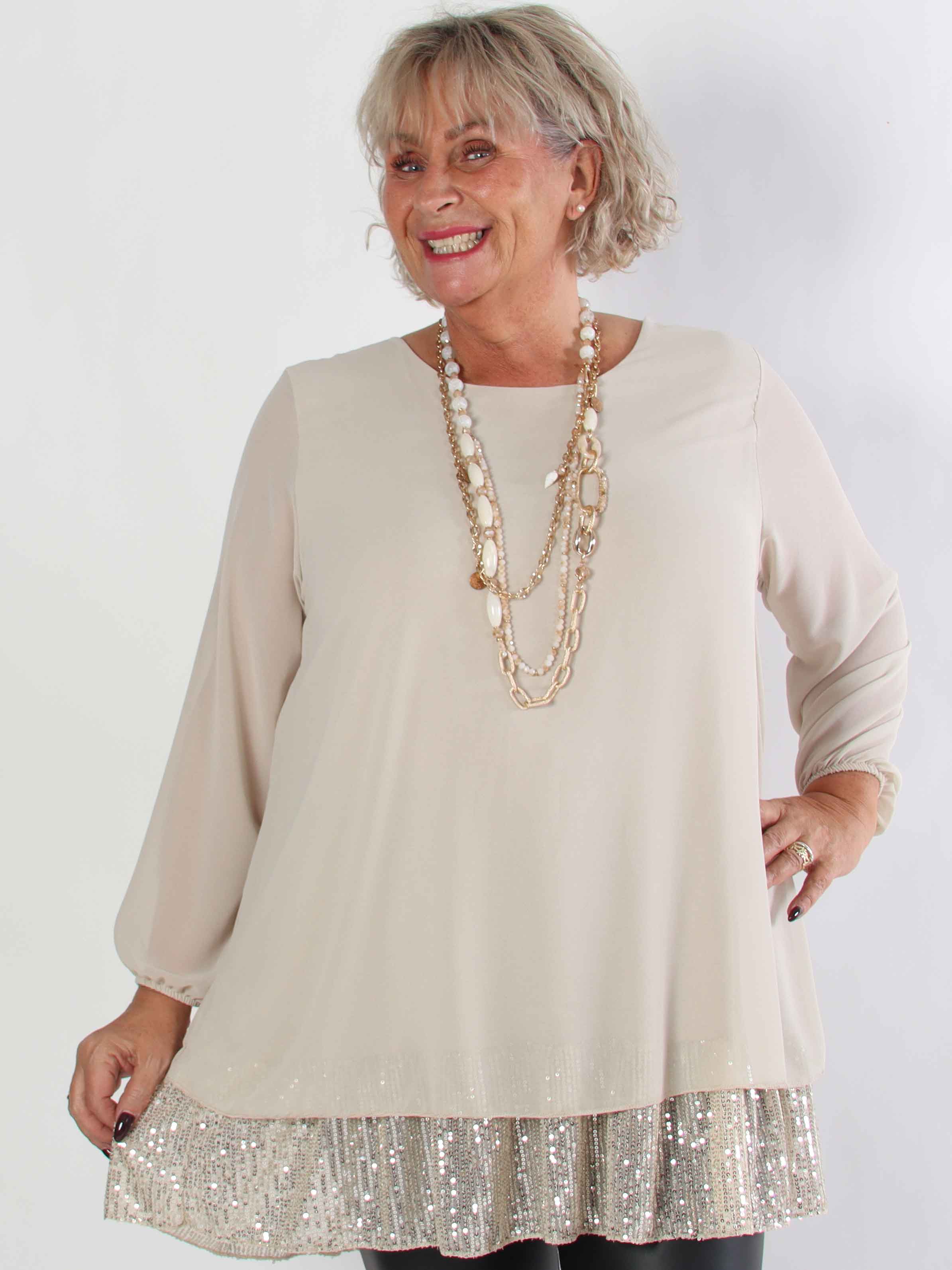 Kamilla - Festklar plus size tunikakjole med chiffonlag og pailletter