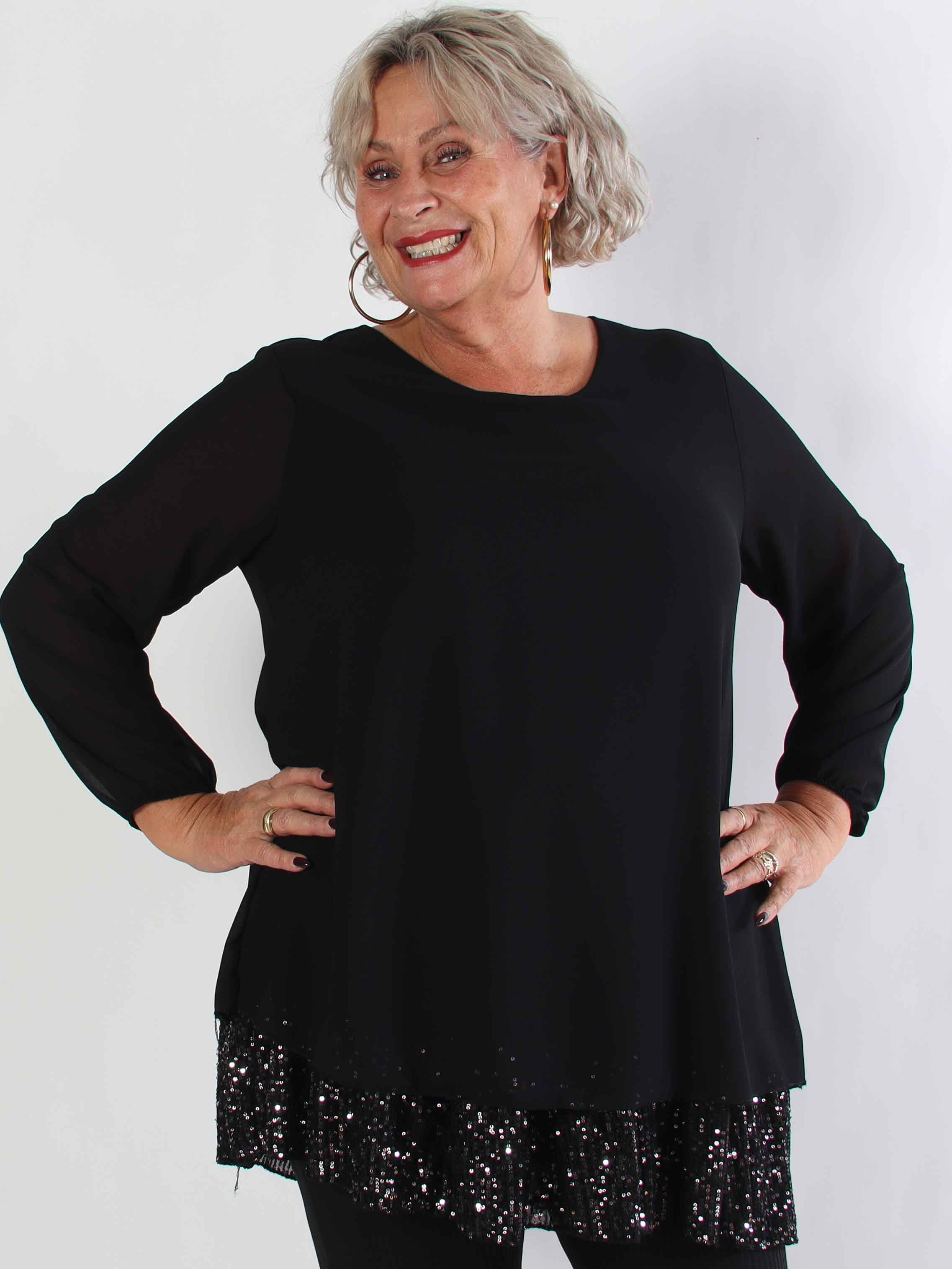 Kamilla - Festklar plus size tunikakjole med chiffonlag og pailletter
