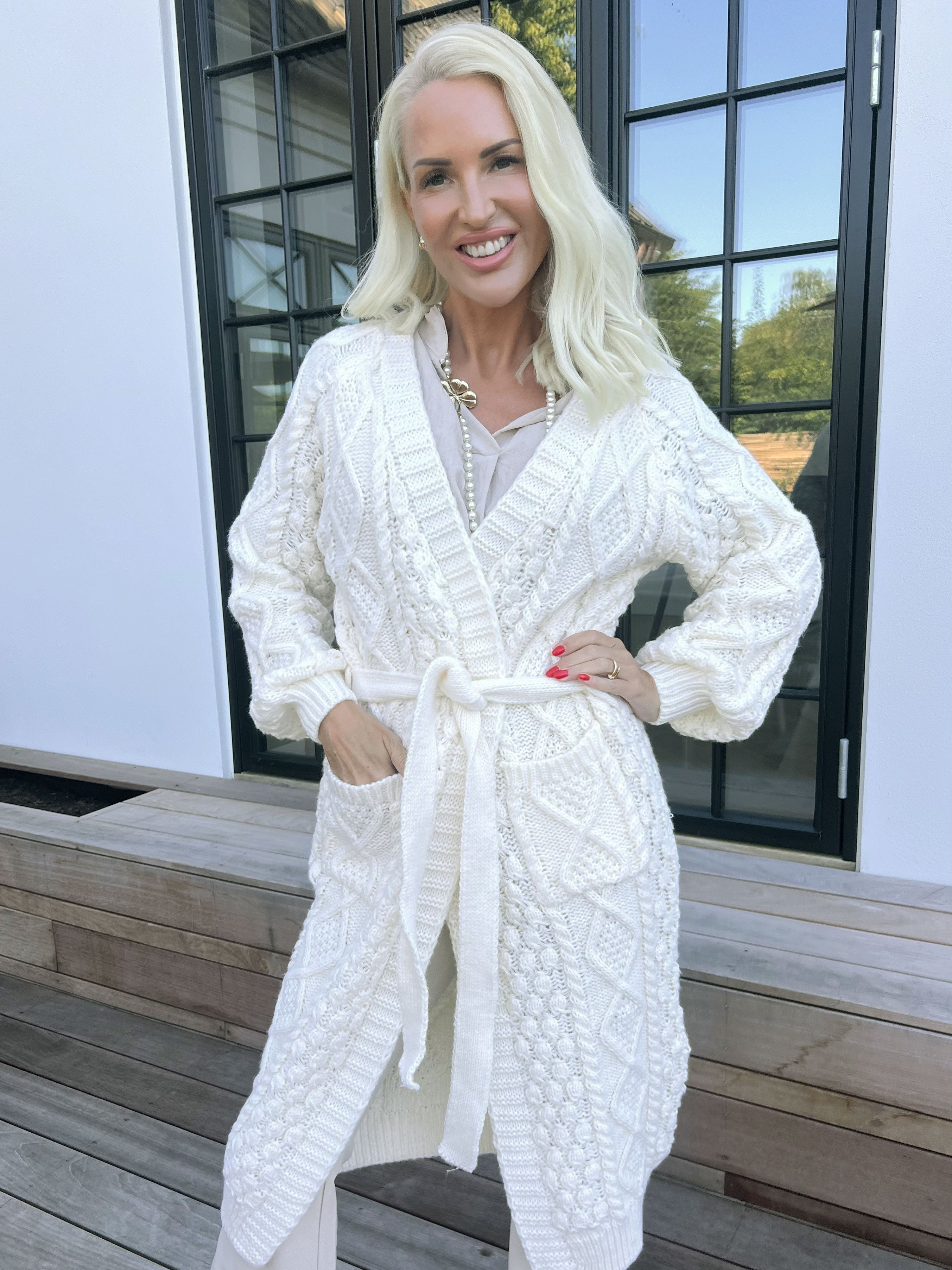 Karui - Lækker tyk strikcardigan med bindebælte