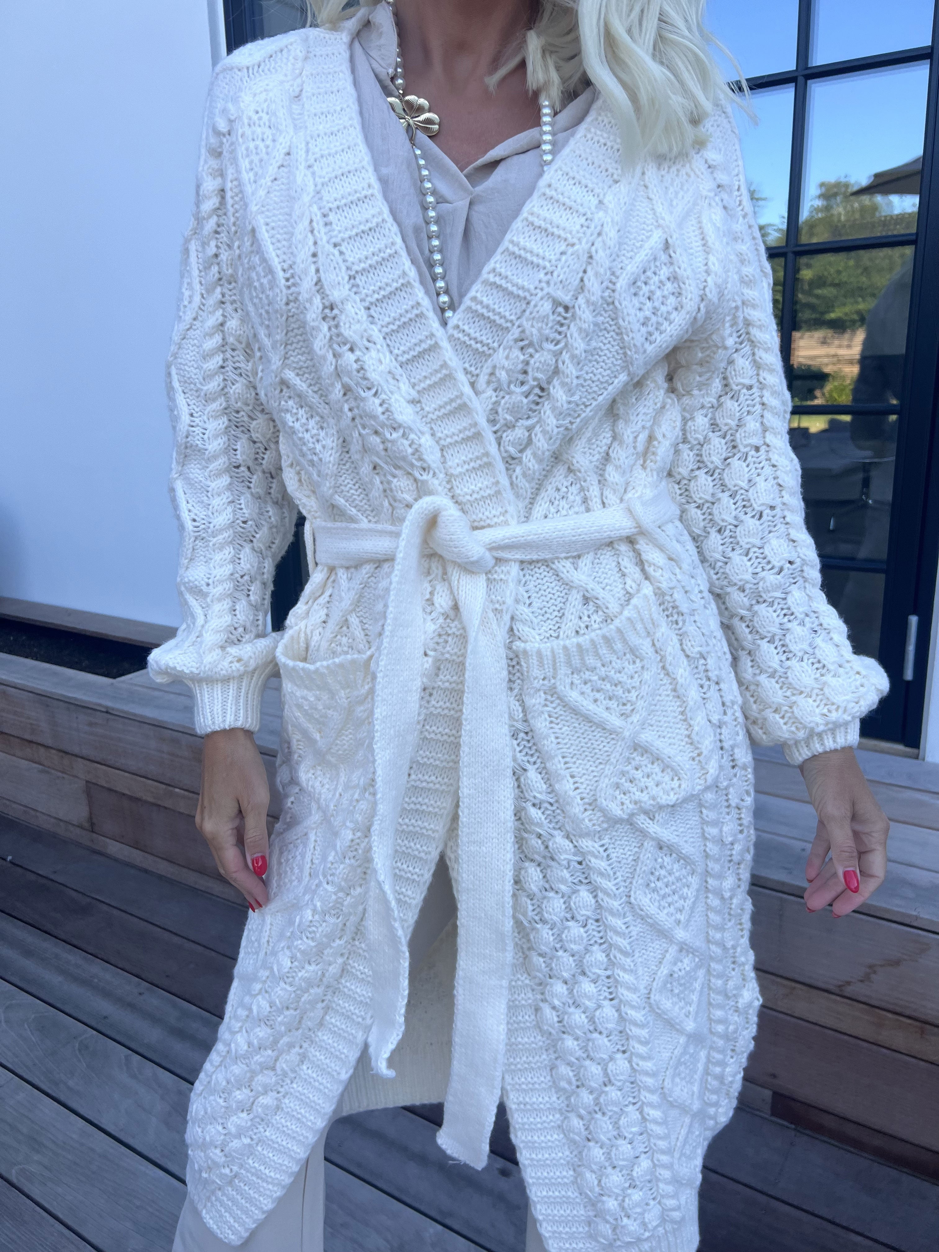 Karui - Lækker tyk strikcardigan med bindebælte