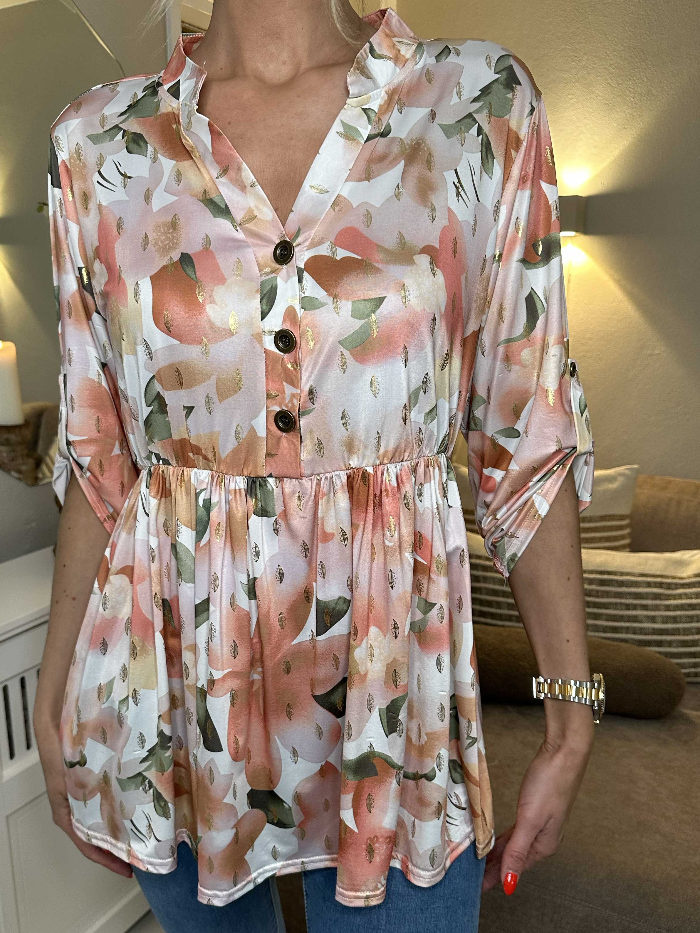 Katja Flower - Elastisk tunika i blomsterprint med elastik i taljen