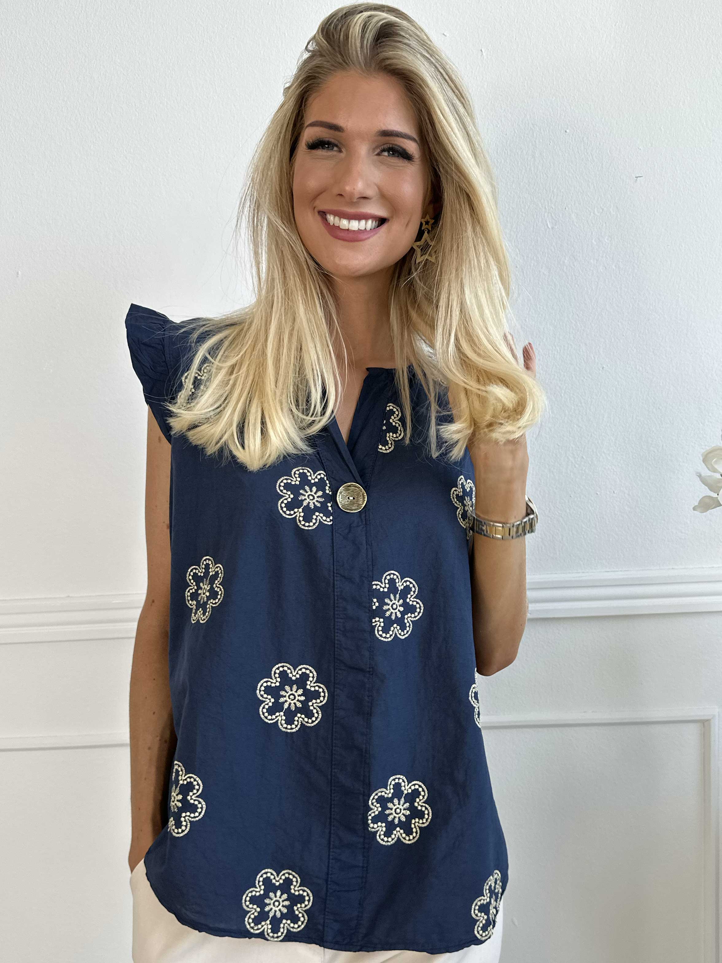 Kreta - Sød tunika i bomuld med blomster og flæseærmer