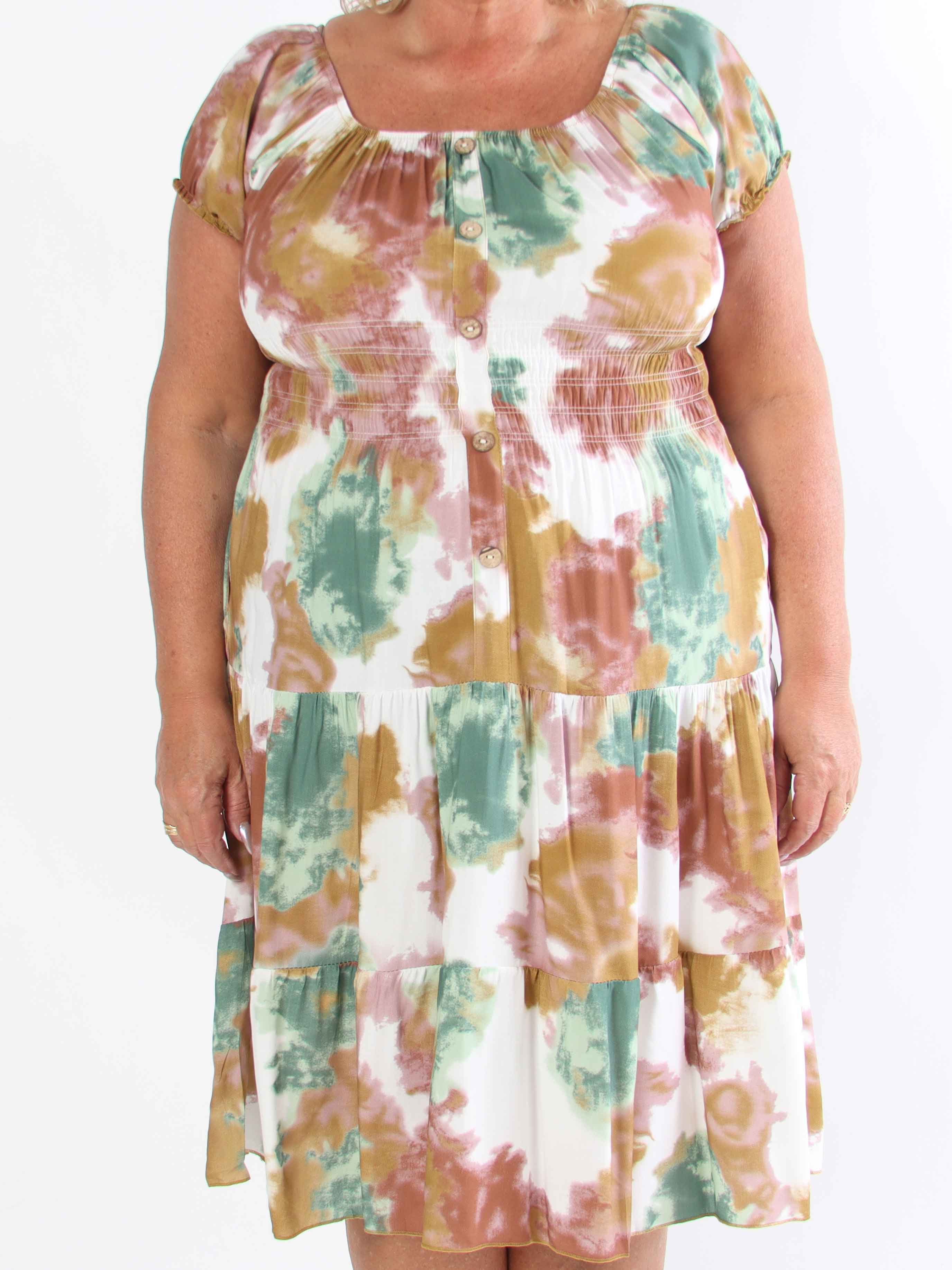 Leah - Flerfarvet plus size kjole i viskose med pufærmer og lommer