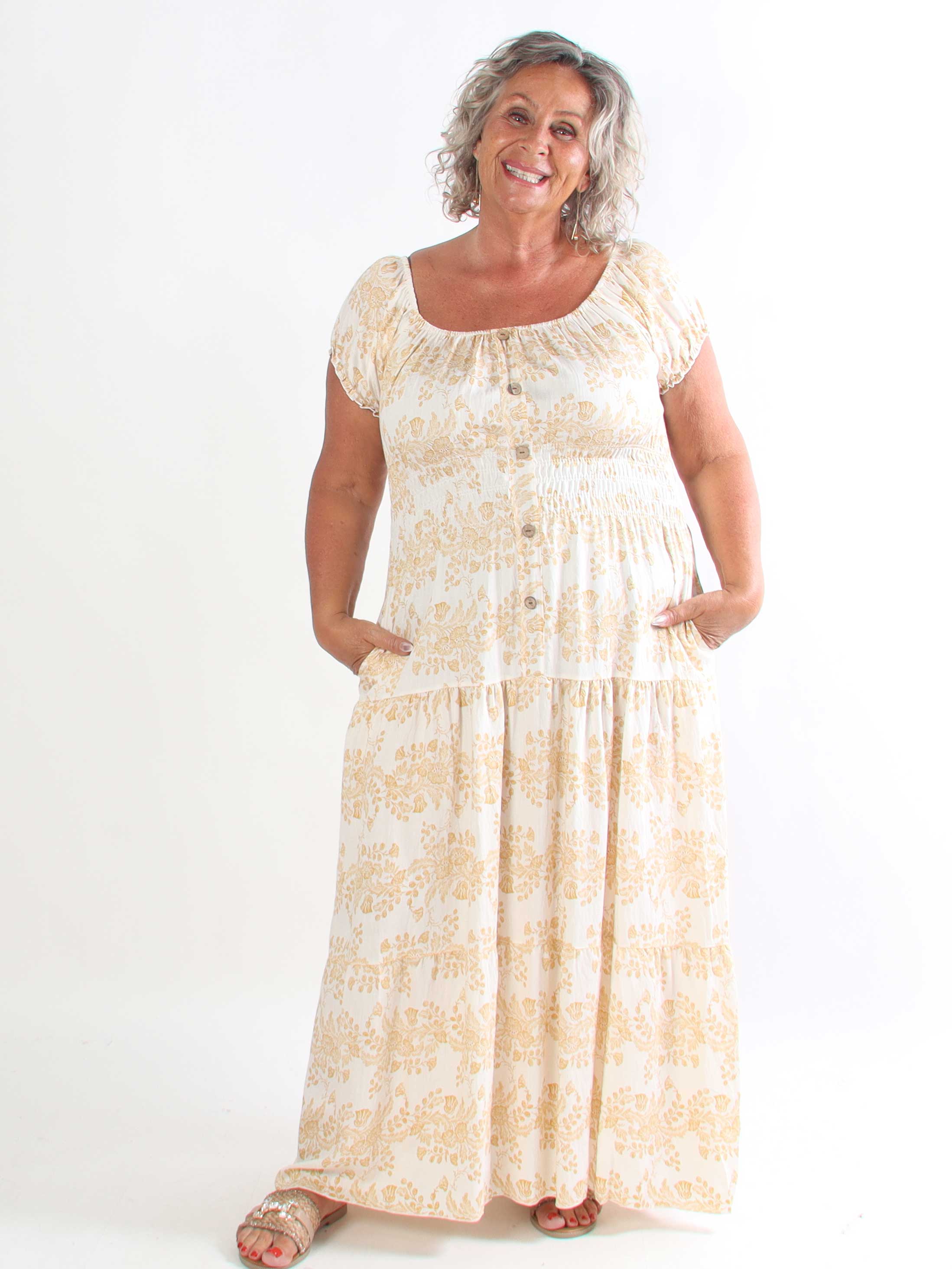 Leilani Flower - Plus size kjole i viskose med træknapper og smock