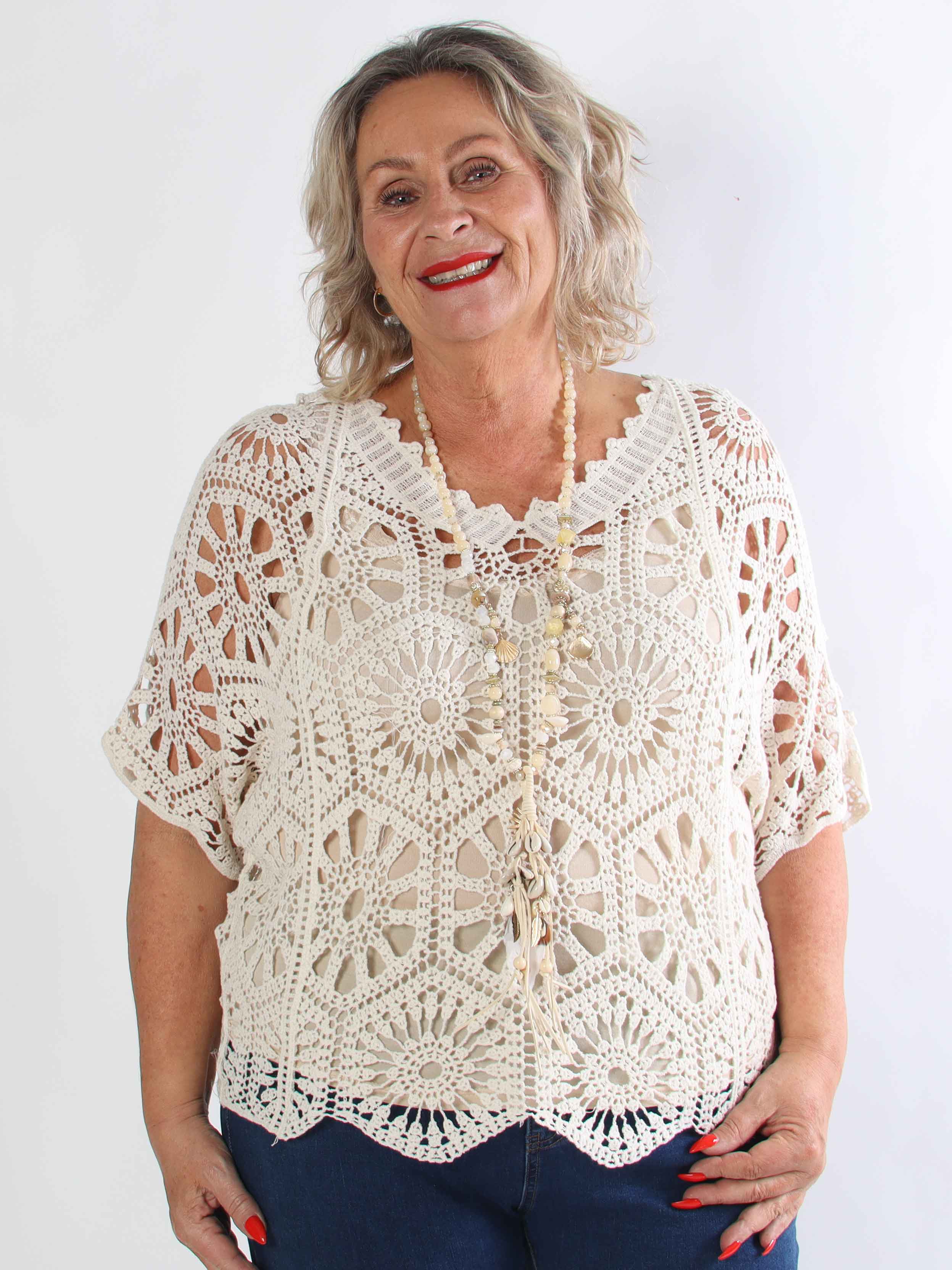 Laverna - Hæklet plus size tunika i bomuld med fint hulmønster