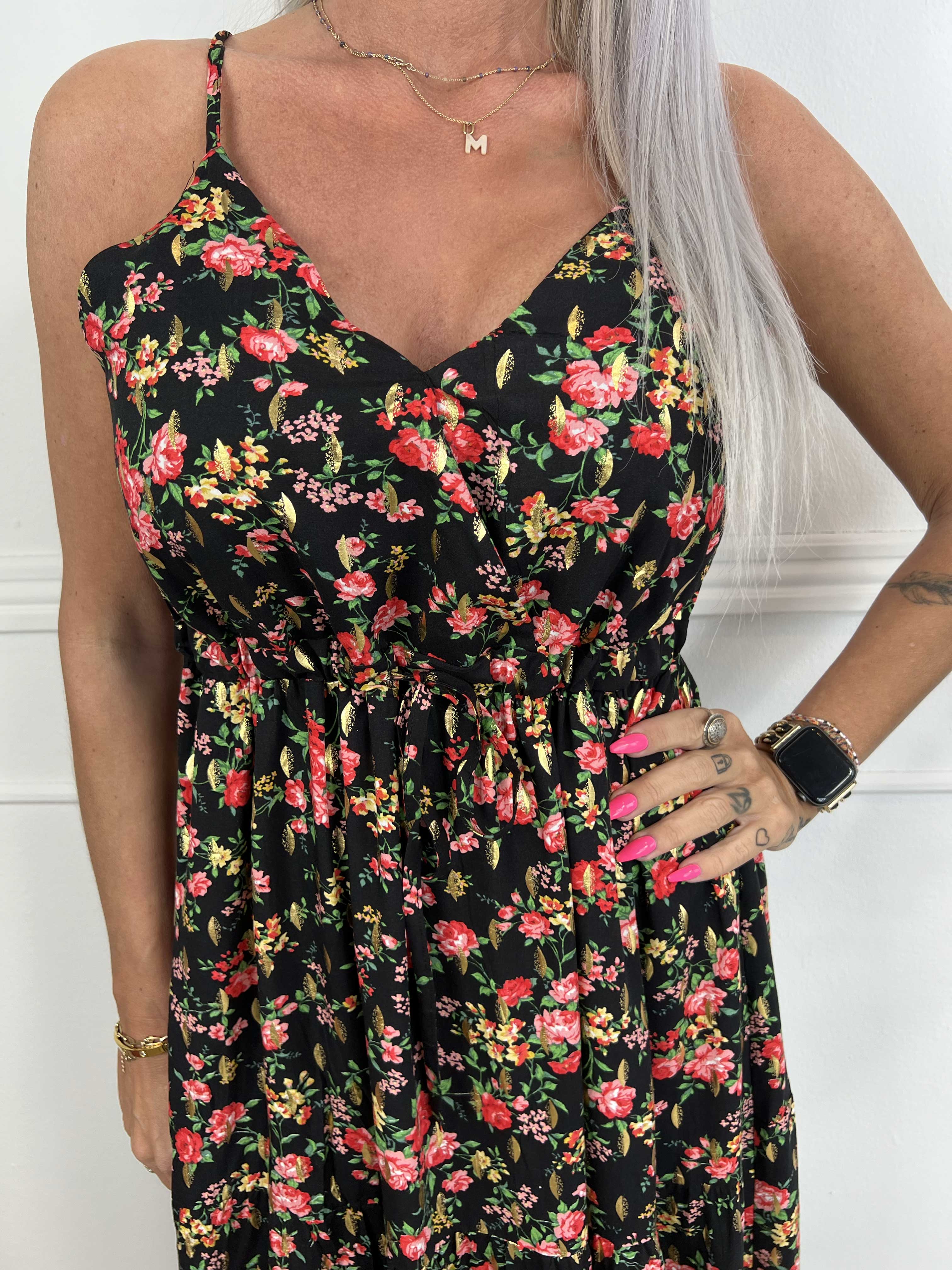 Lucie Rose - Viskose stropkjole med rosemotiver med v-udskæring