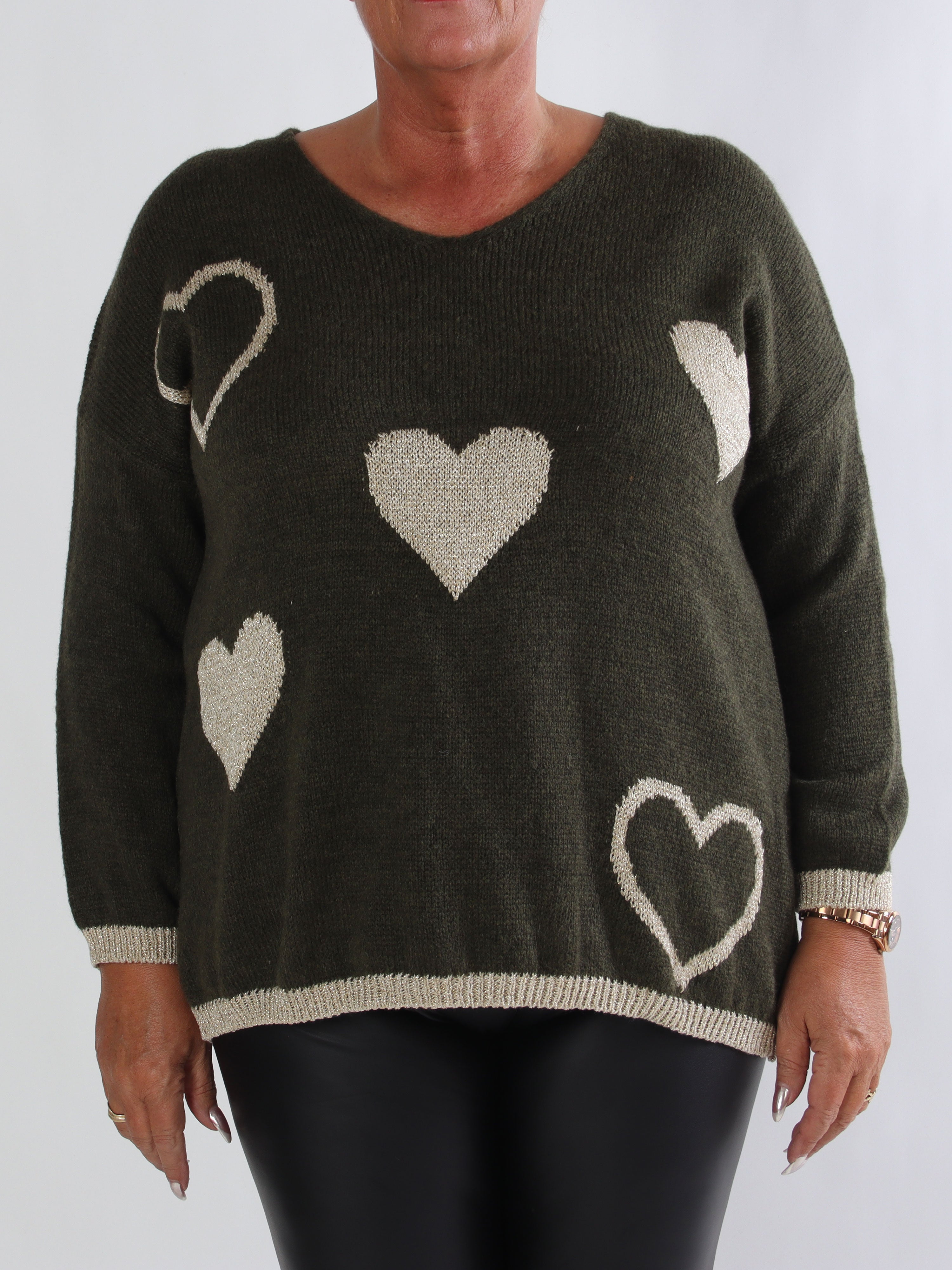 Lydia - Plus size striktrøje med hjerter i guld glimmertråde