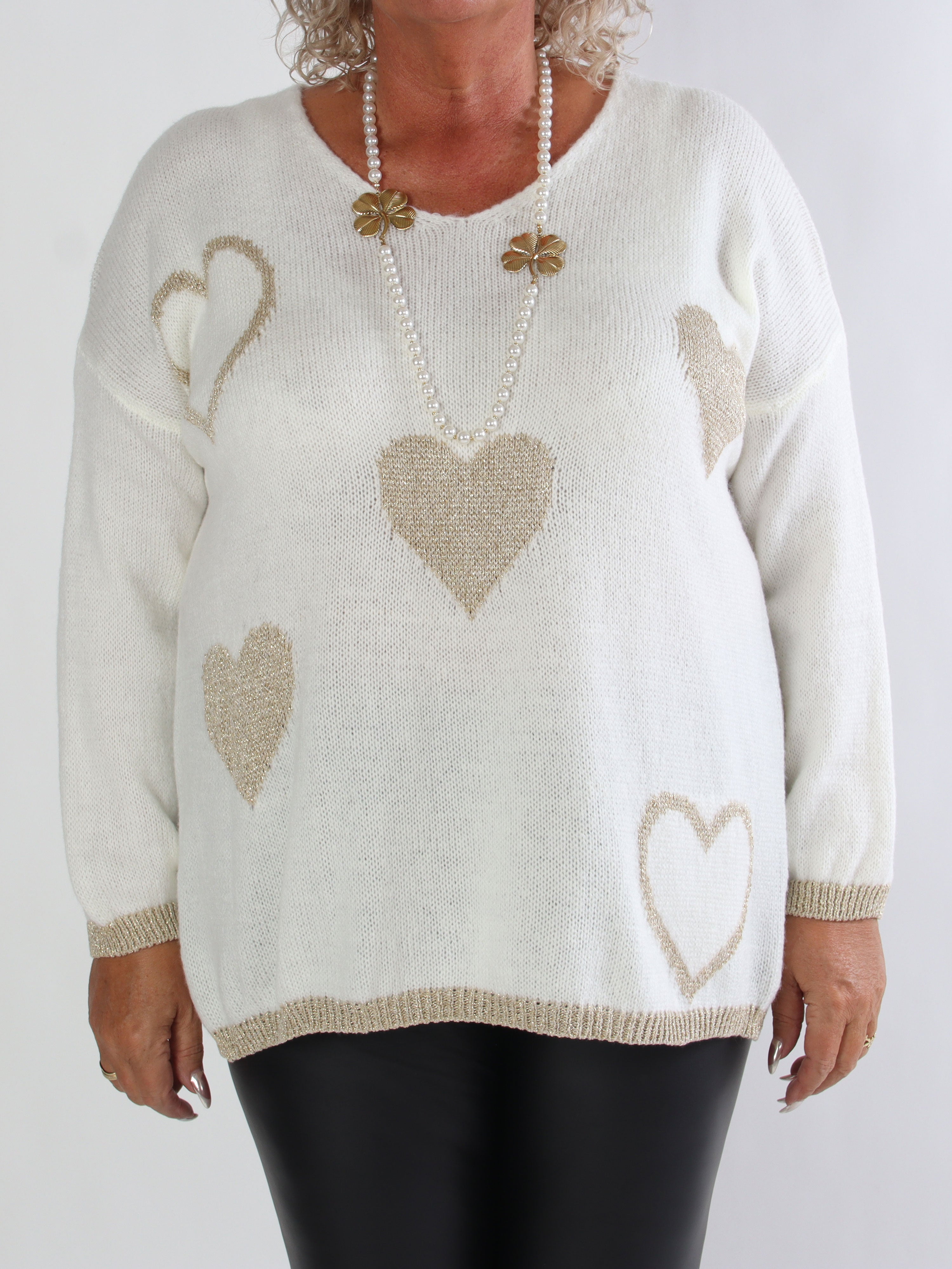 Lydia - Plus size striktrøje med hjerter i guld glimmertråde