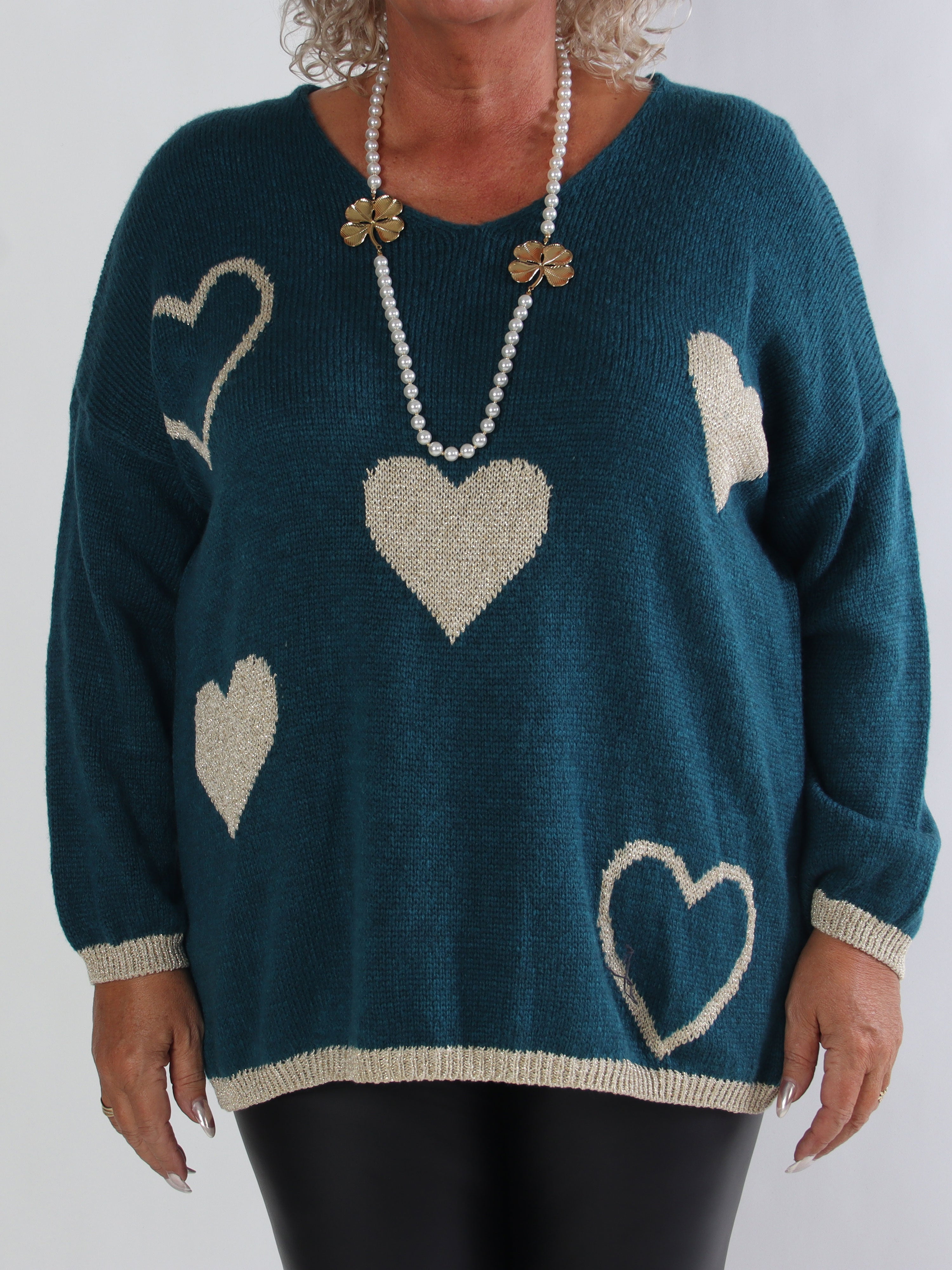 Lydia - Plus size striktrøje med hjerter i guld glimmertråde