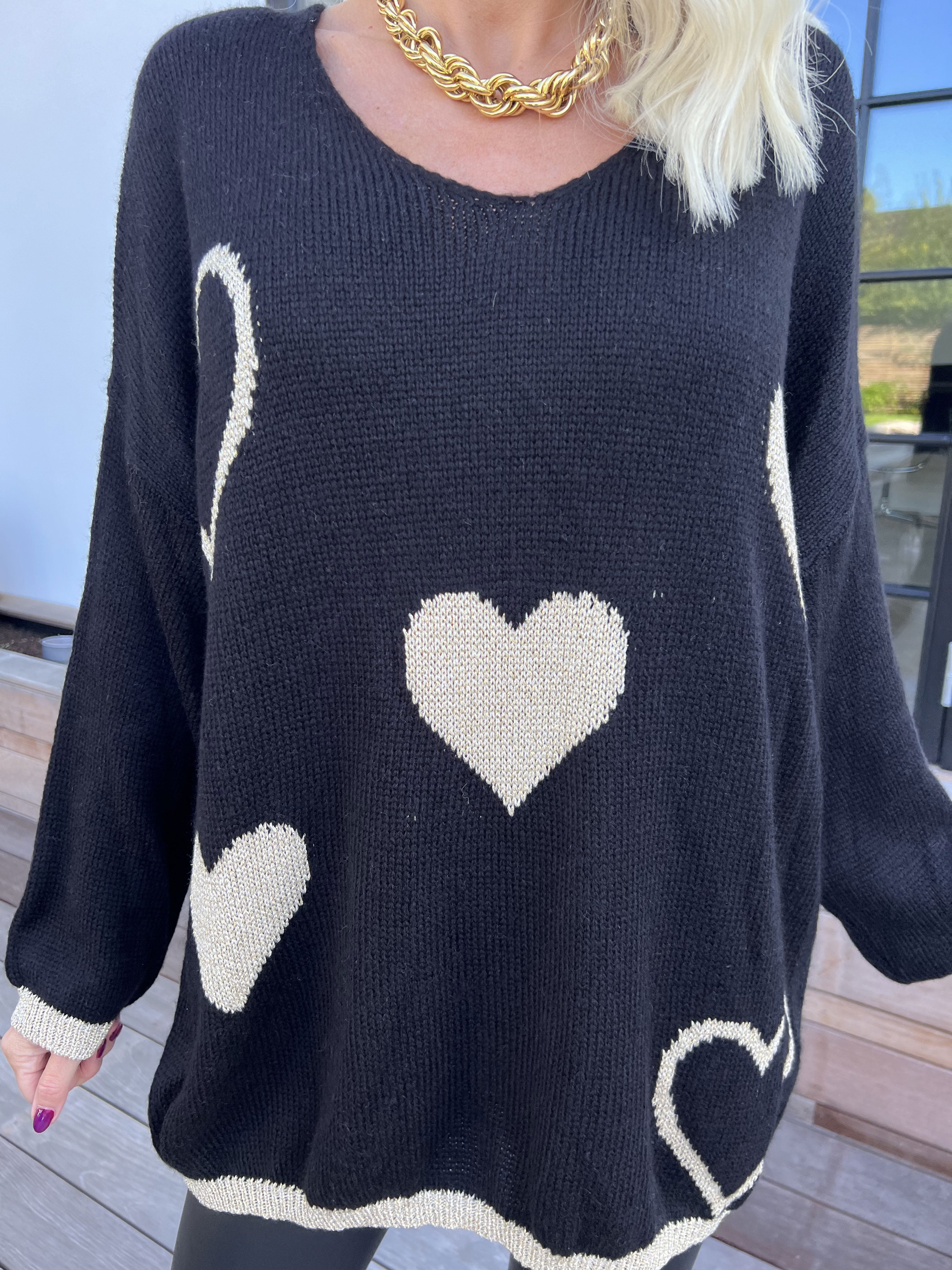 Lydia - Striktrøje med hjerter i guld glimmertråde