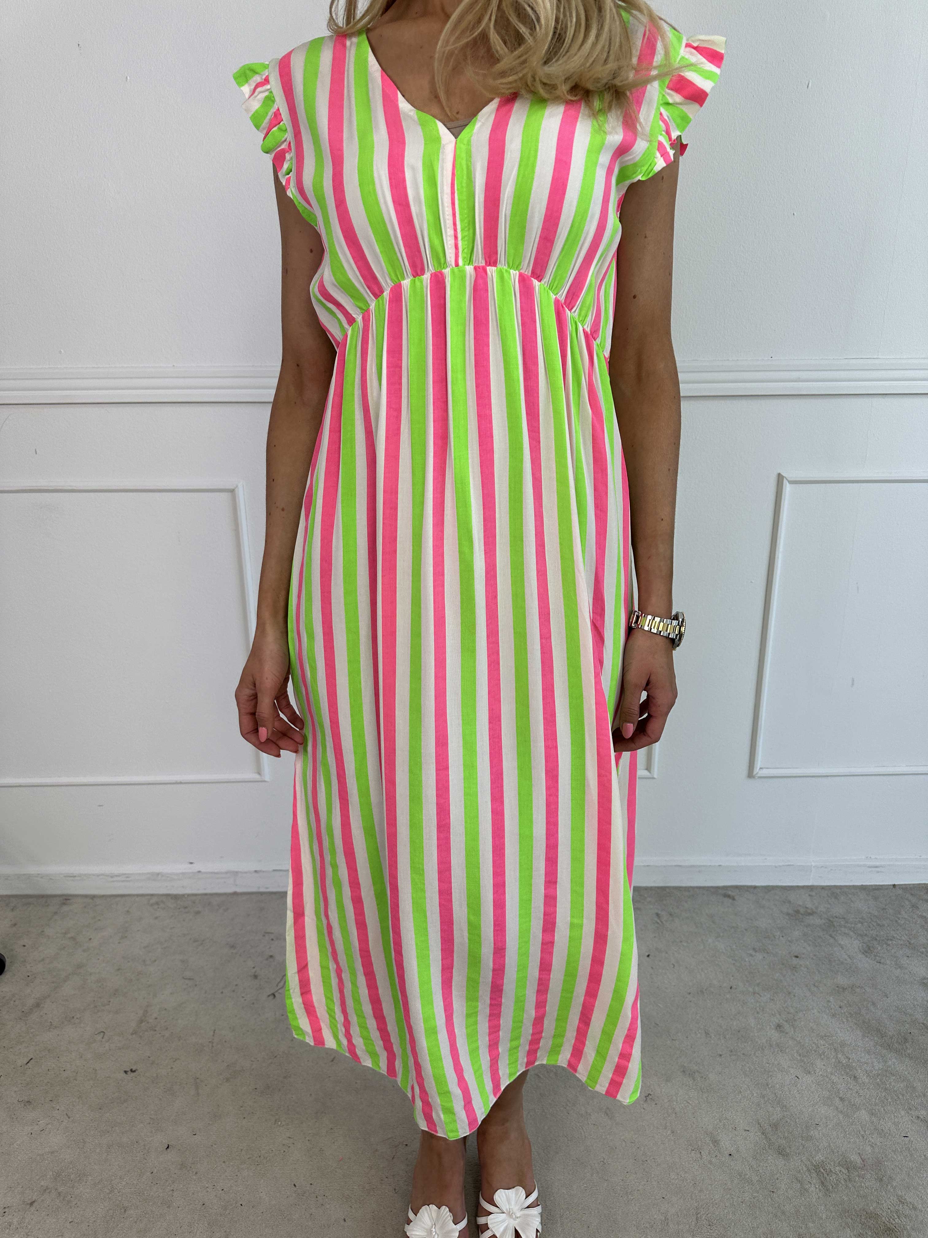 Lyssa - Lang stribet kjole i viskose med farvet striber