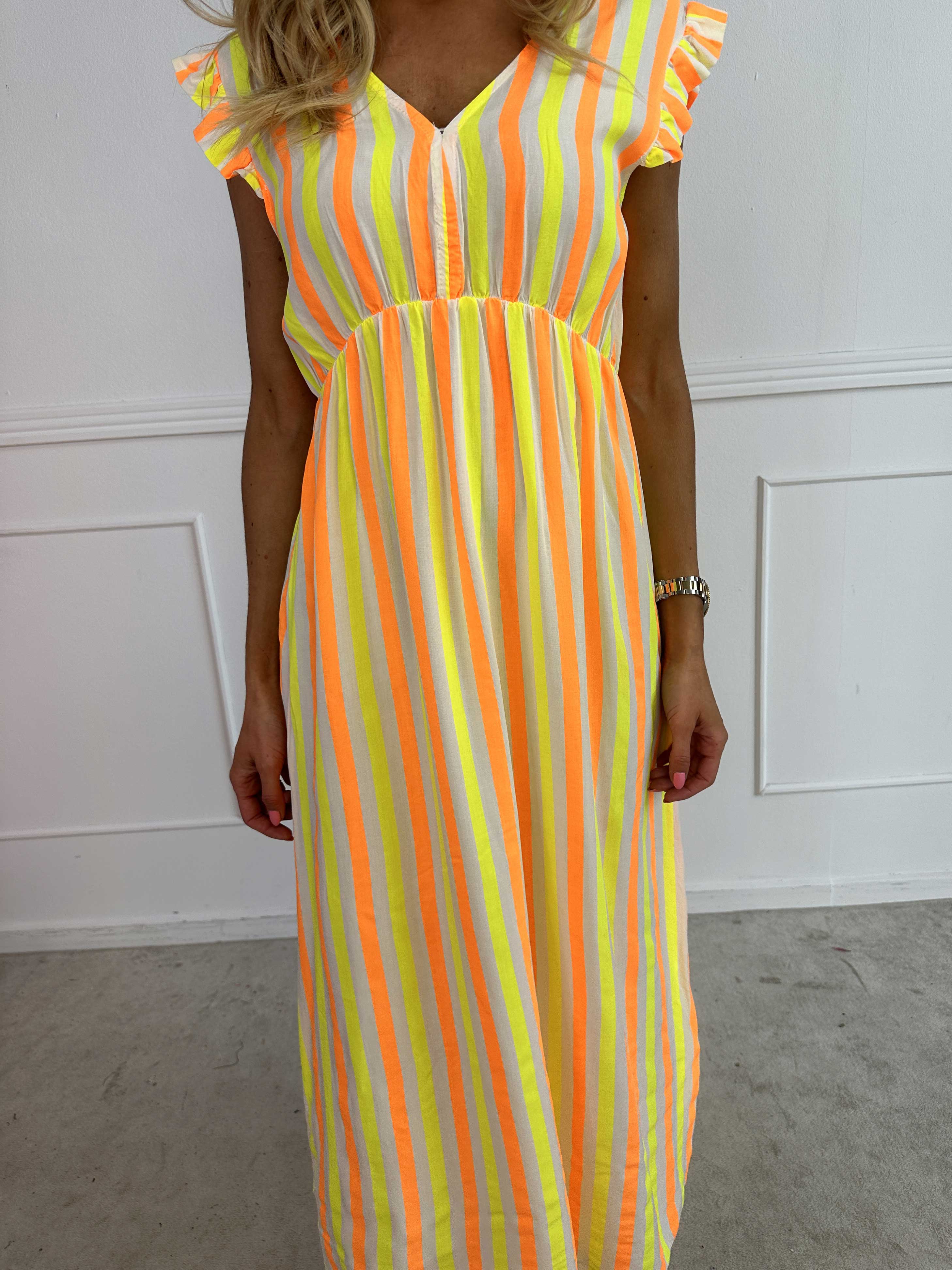 Lyssa - Lang stribet kjole i viskose med farvet striber