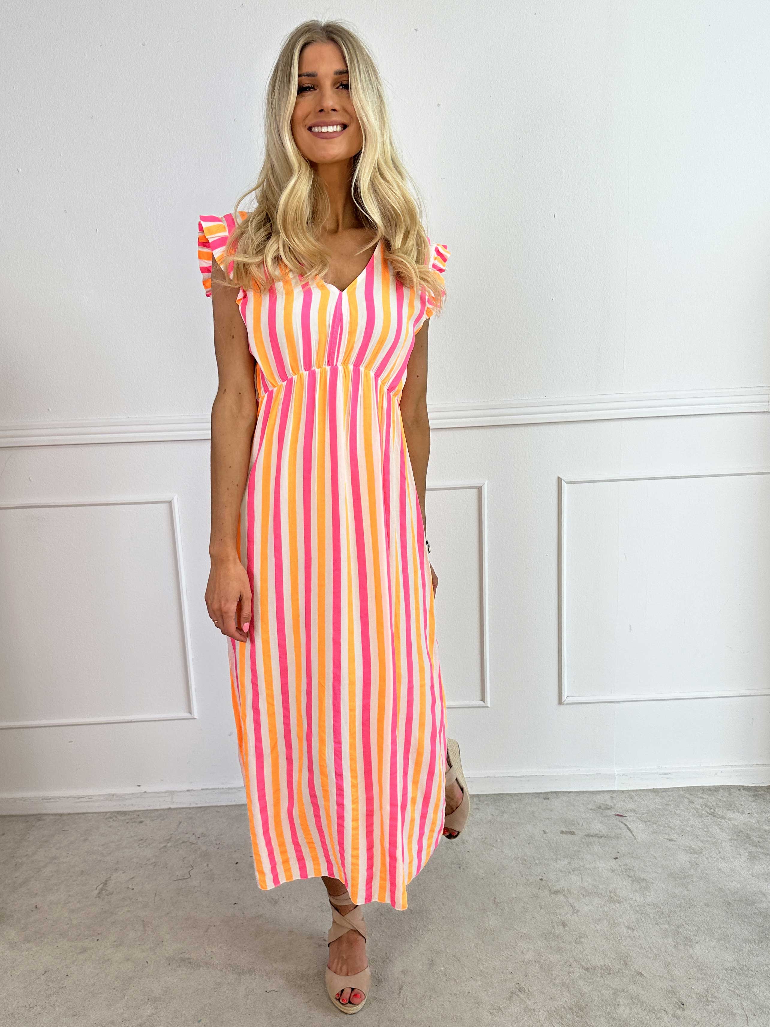 Lyssa - Lang stribet kjole i viskose med farvet striber