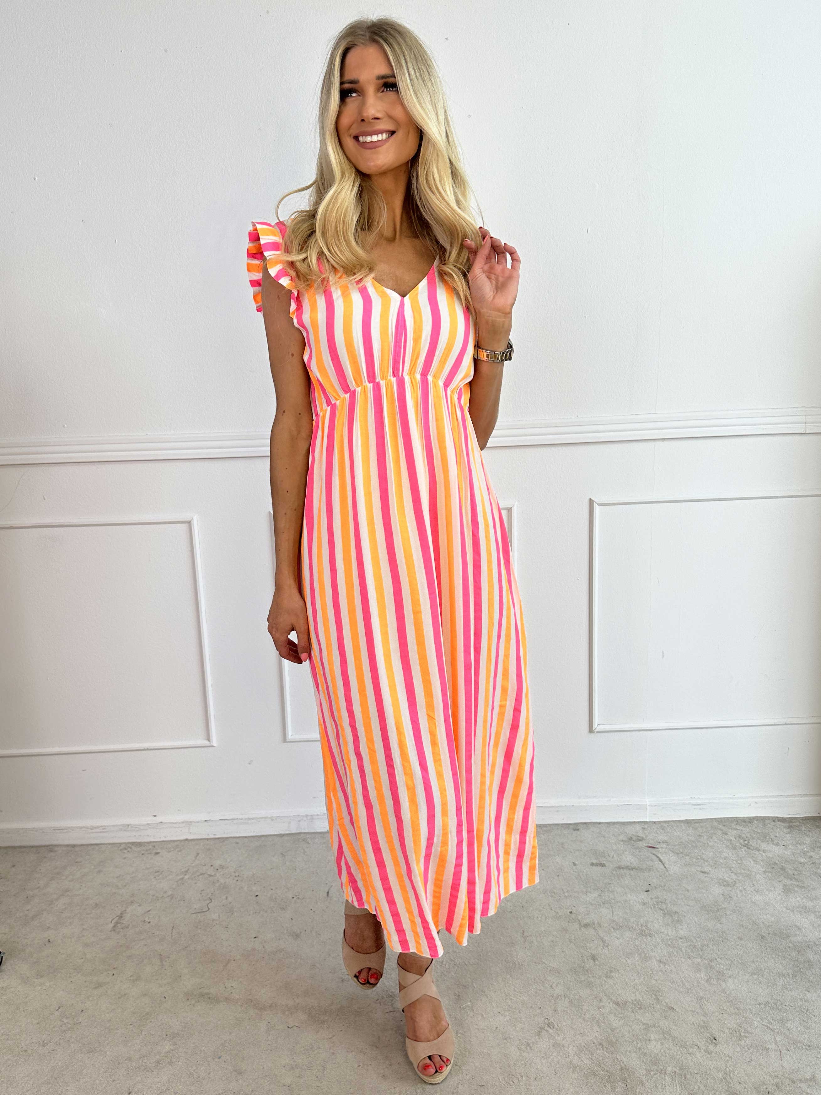 Lyssa - Lang stribet kjole i viskose med farvet striber
