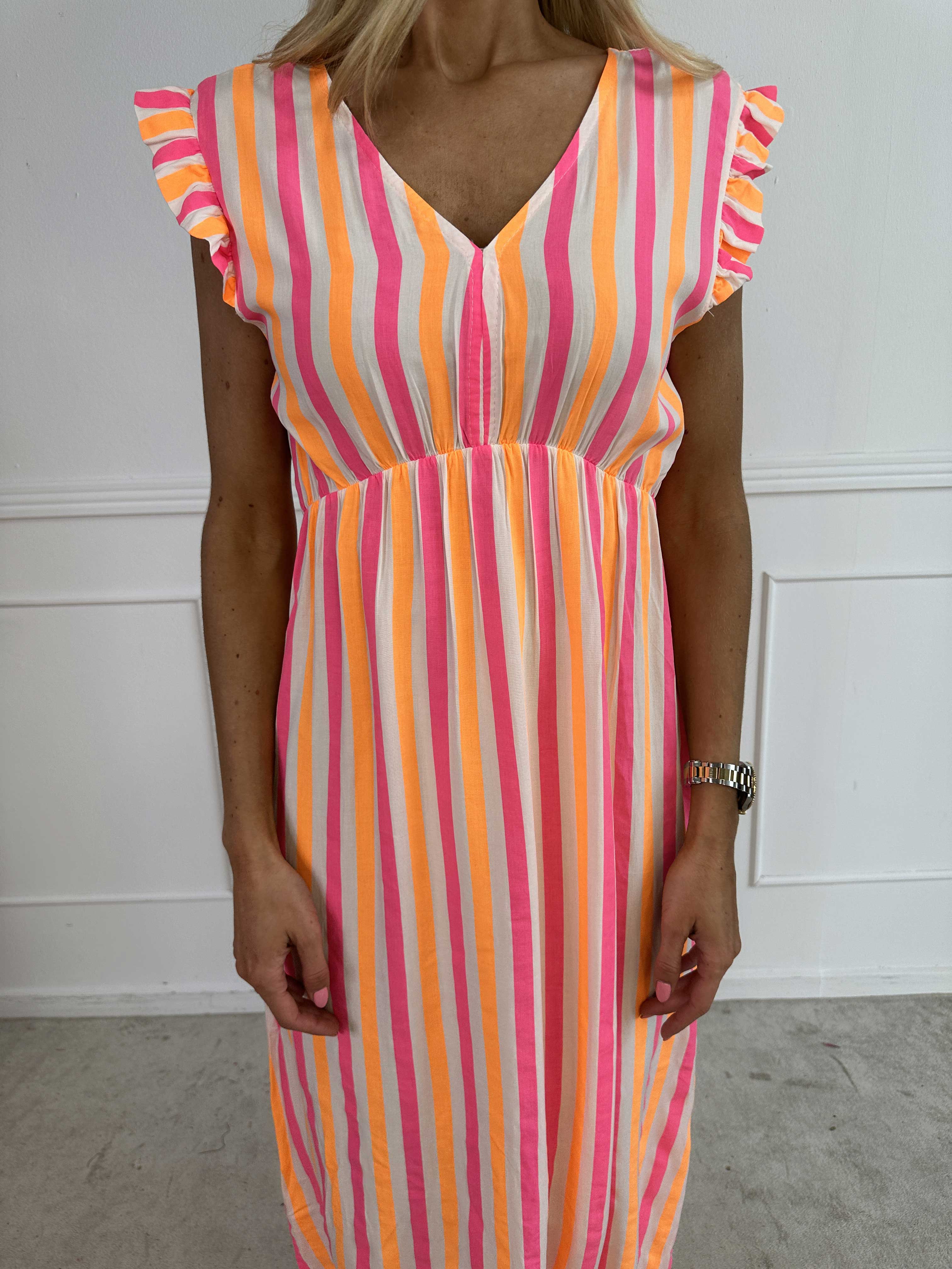 Lyssa - Lang stribet kjole i viskose med farvet striber