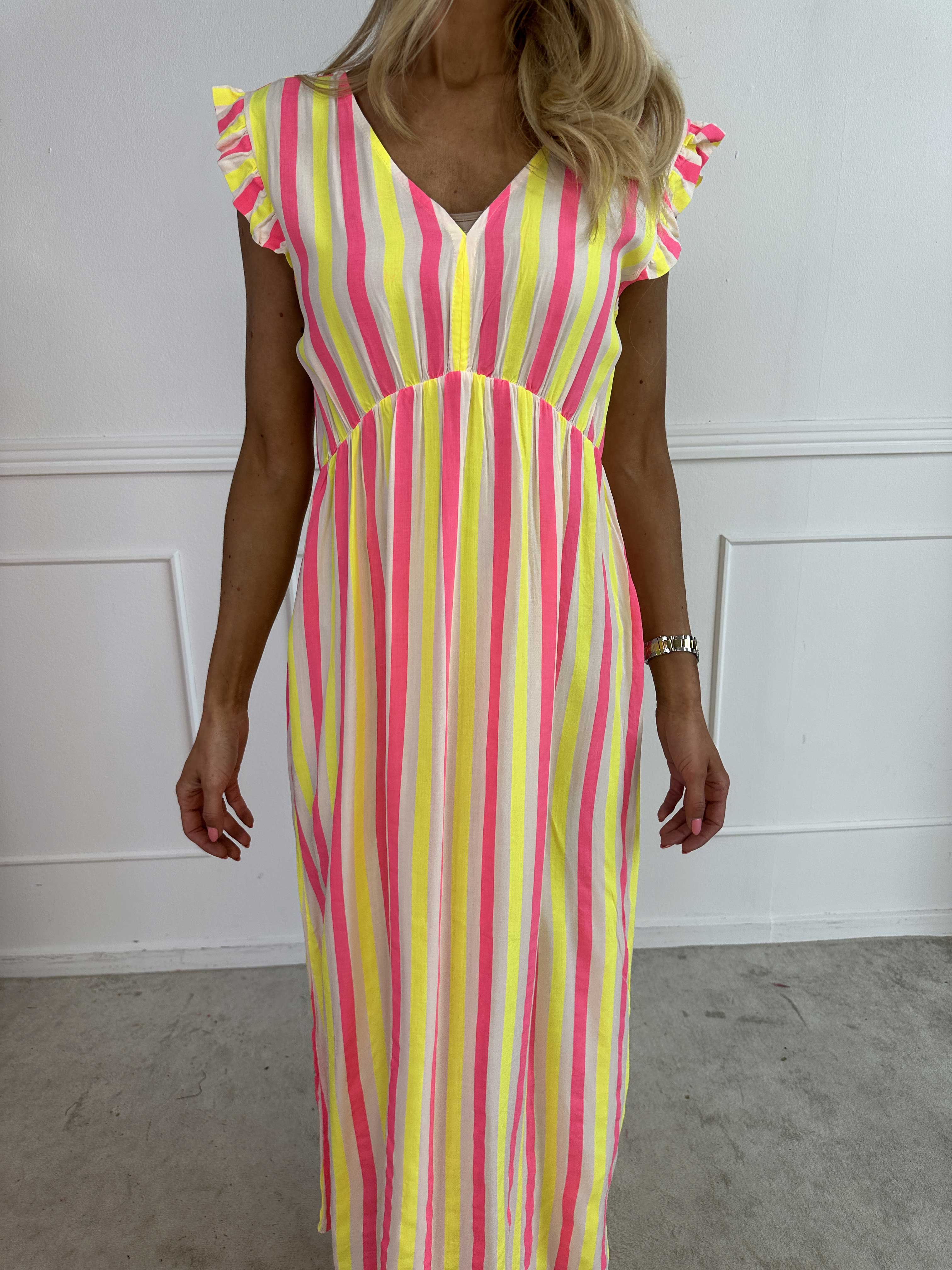 Lyssa - Lang stribet kjole i viskose med farvet striber