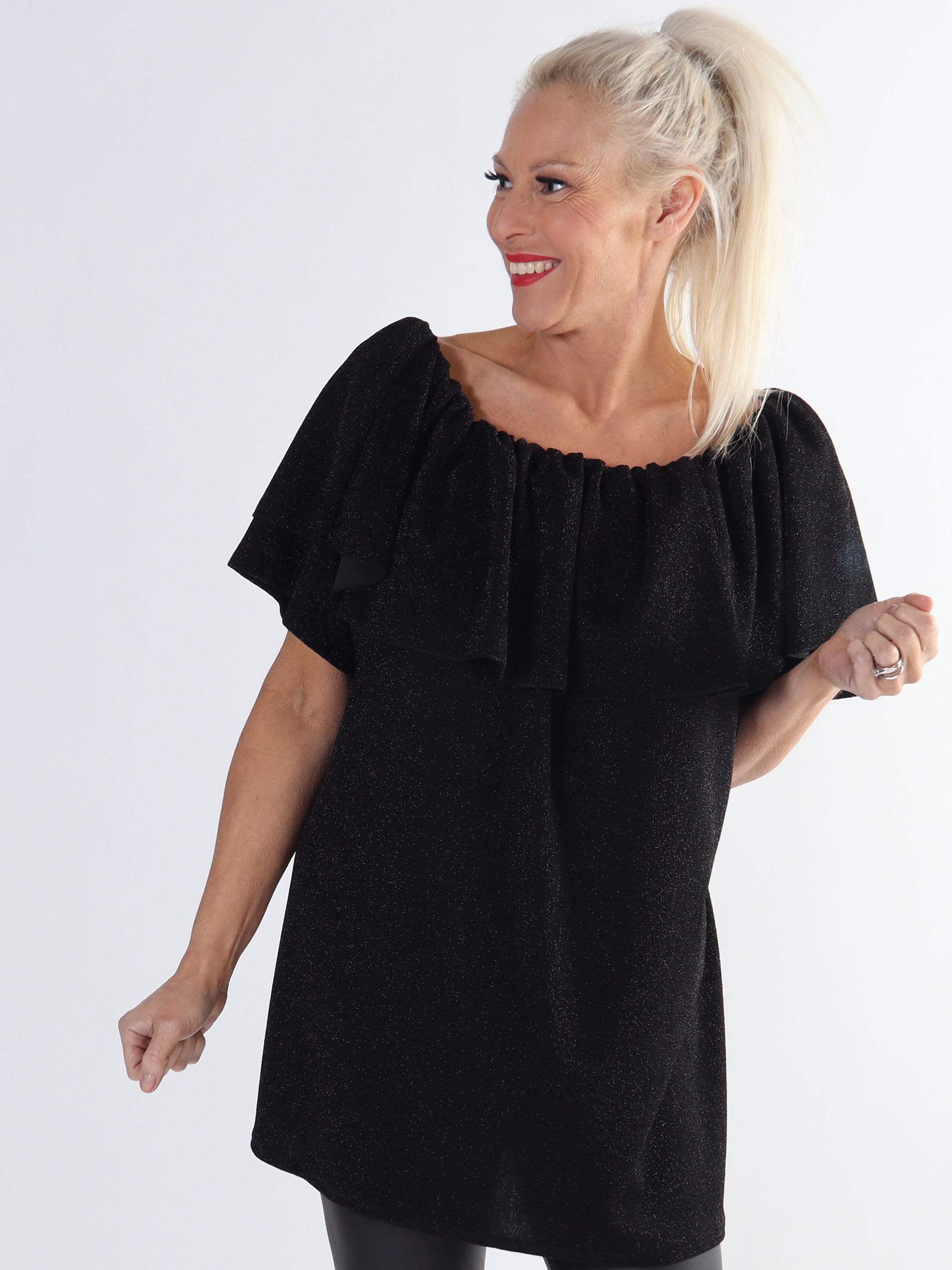 Maily - Plus size off shoulder bluse med glimmertråde
