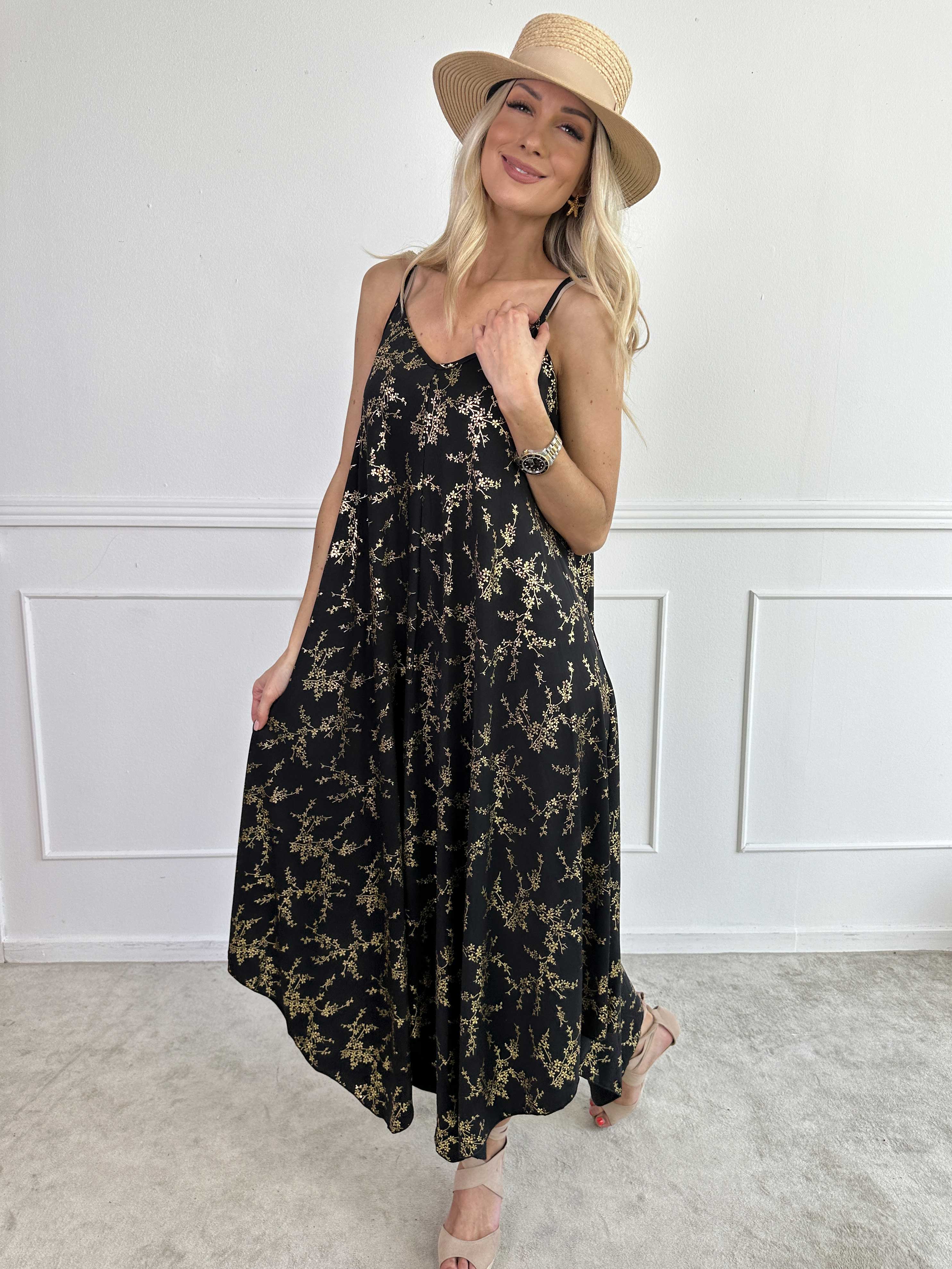 Maisie Gold - Stropkjole i elastisk stof med guld print