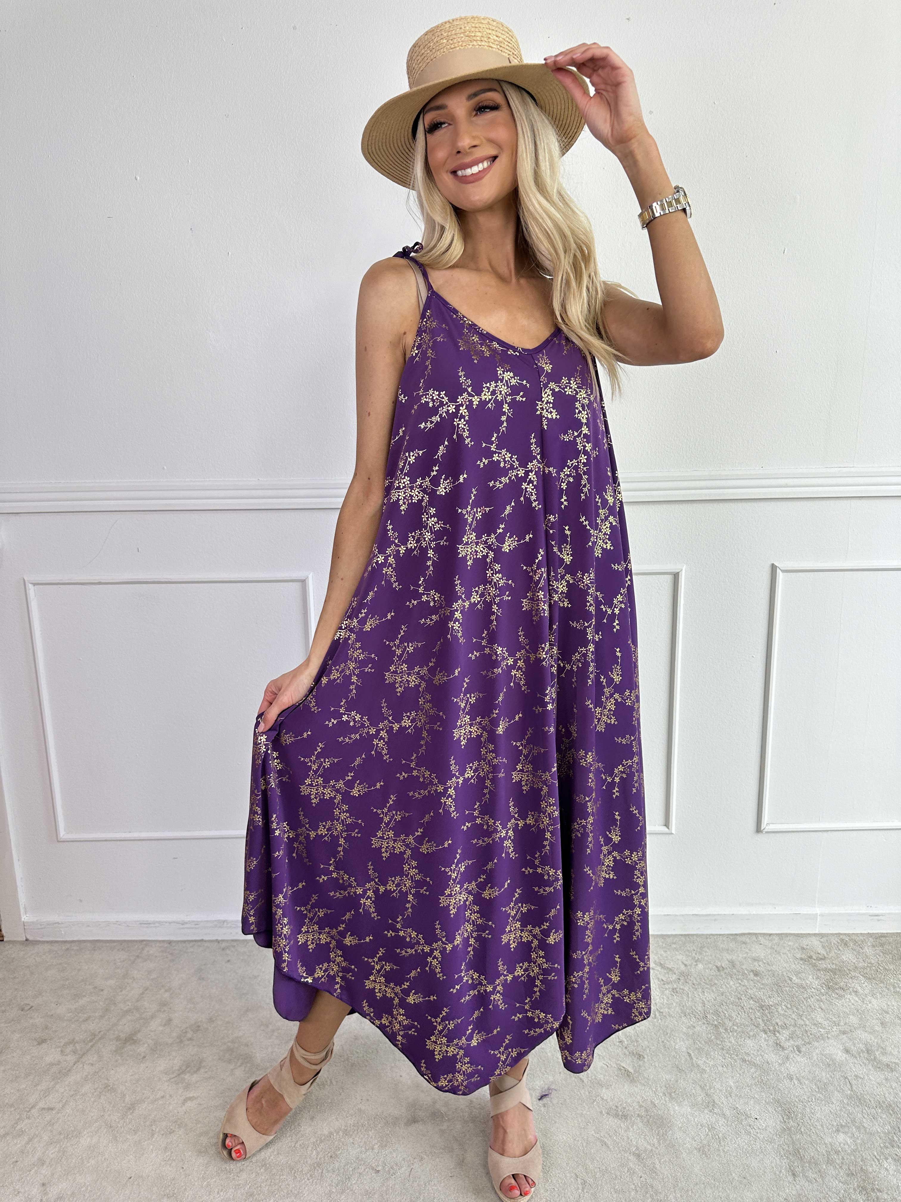 Maisie Gold - Stropkjole i elastisk stof med guld print