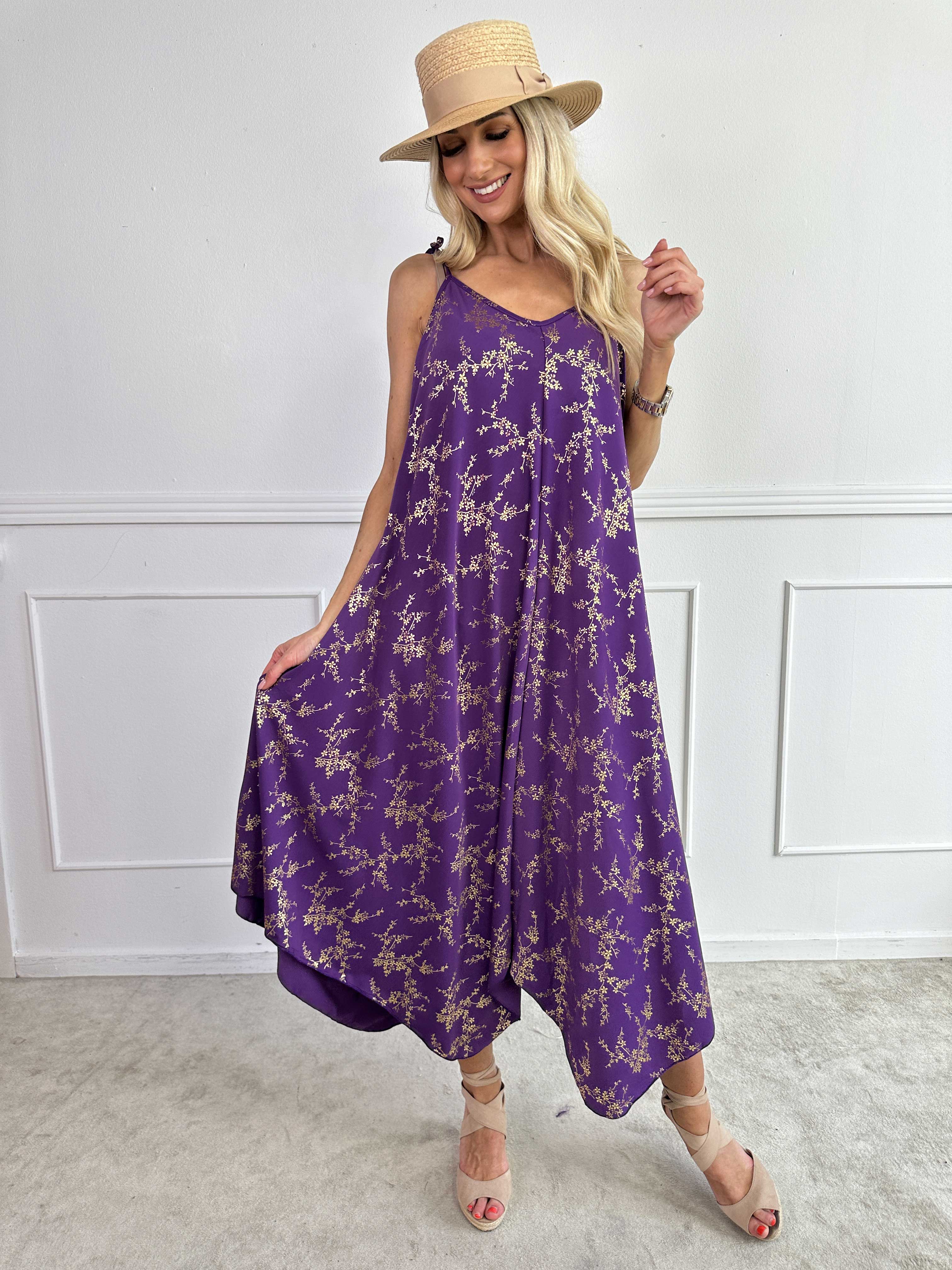 Maisie Gold - Stropkjole i elastisk stof med guld print