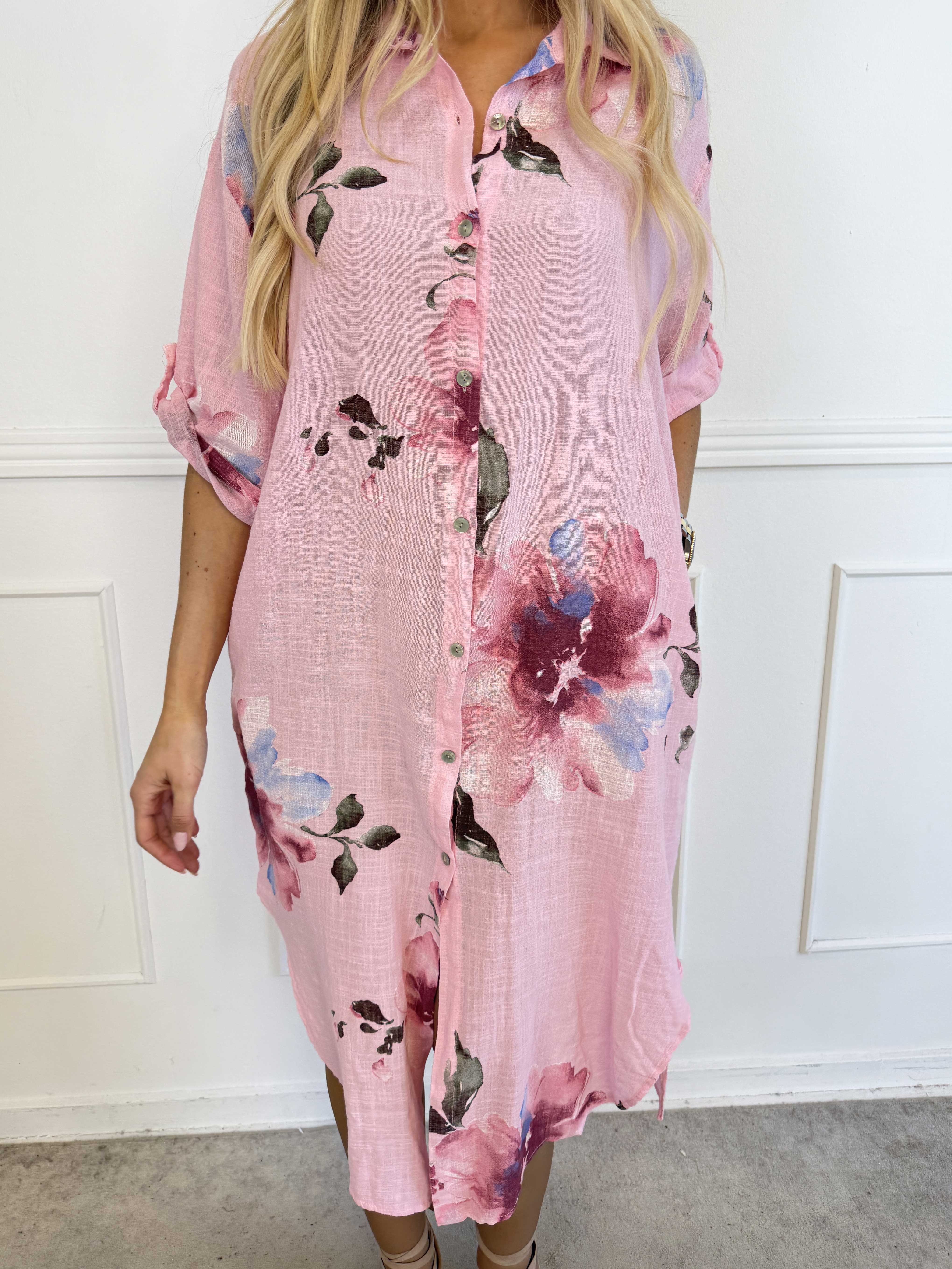 Maissa - Lang skjortekjole i bomuld med blomsterprint