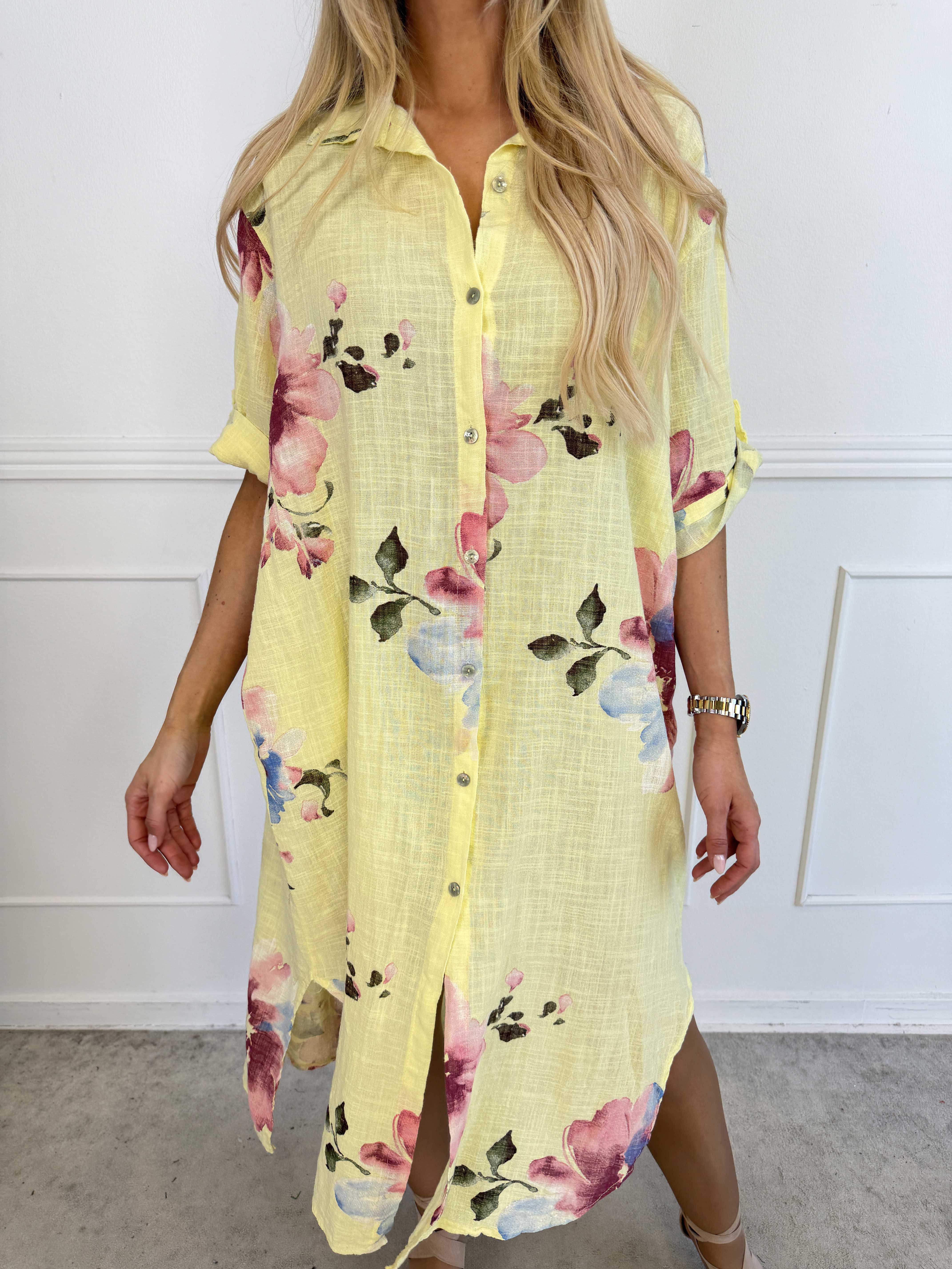 Maissa - Lang skjortekjole i bomuld med blomsterprint