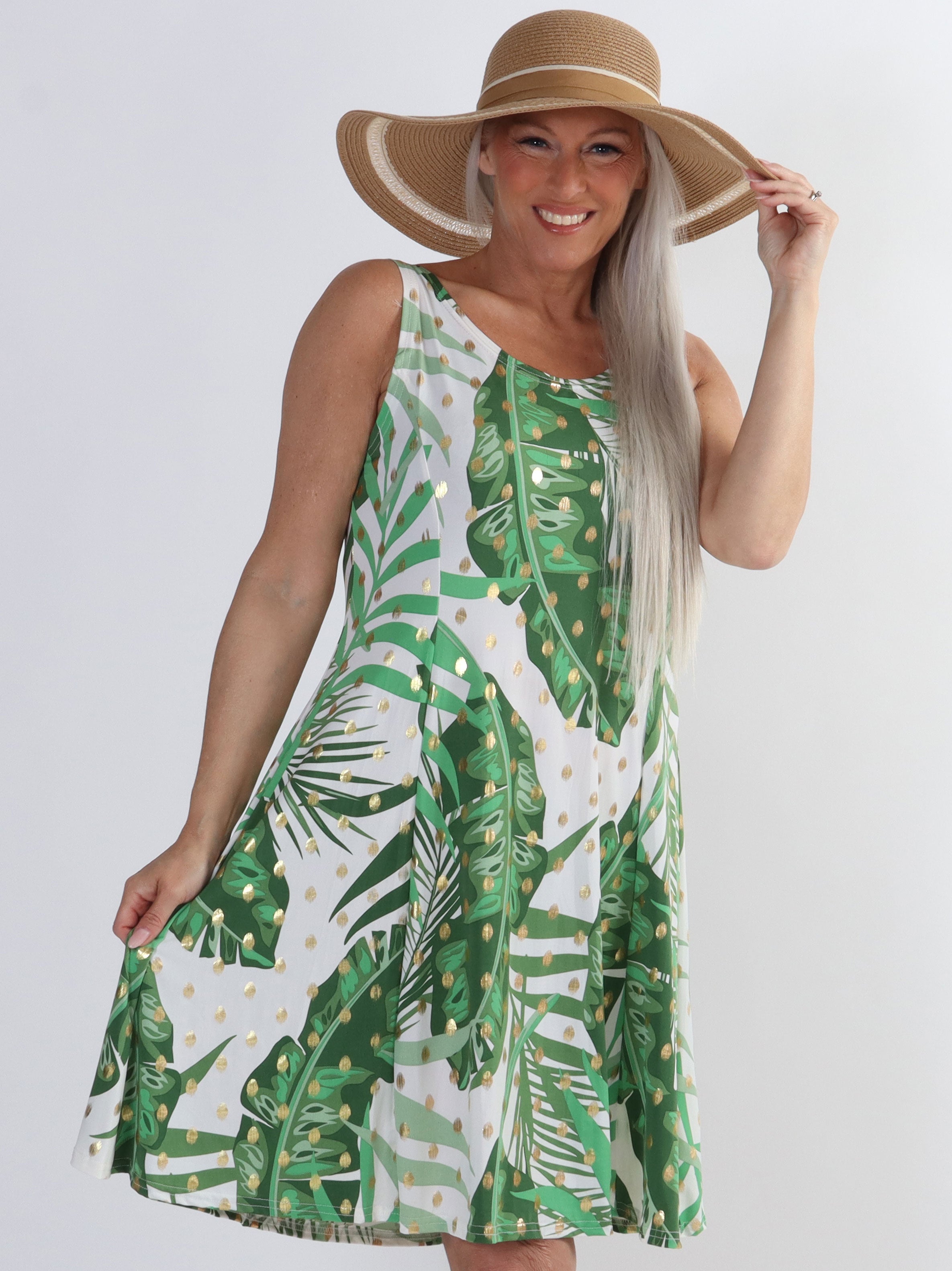 Maj - Sød elastisk plus size sommerkjole med guld pletter