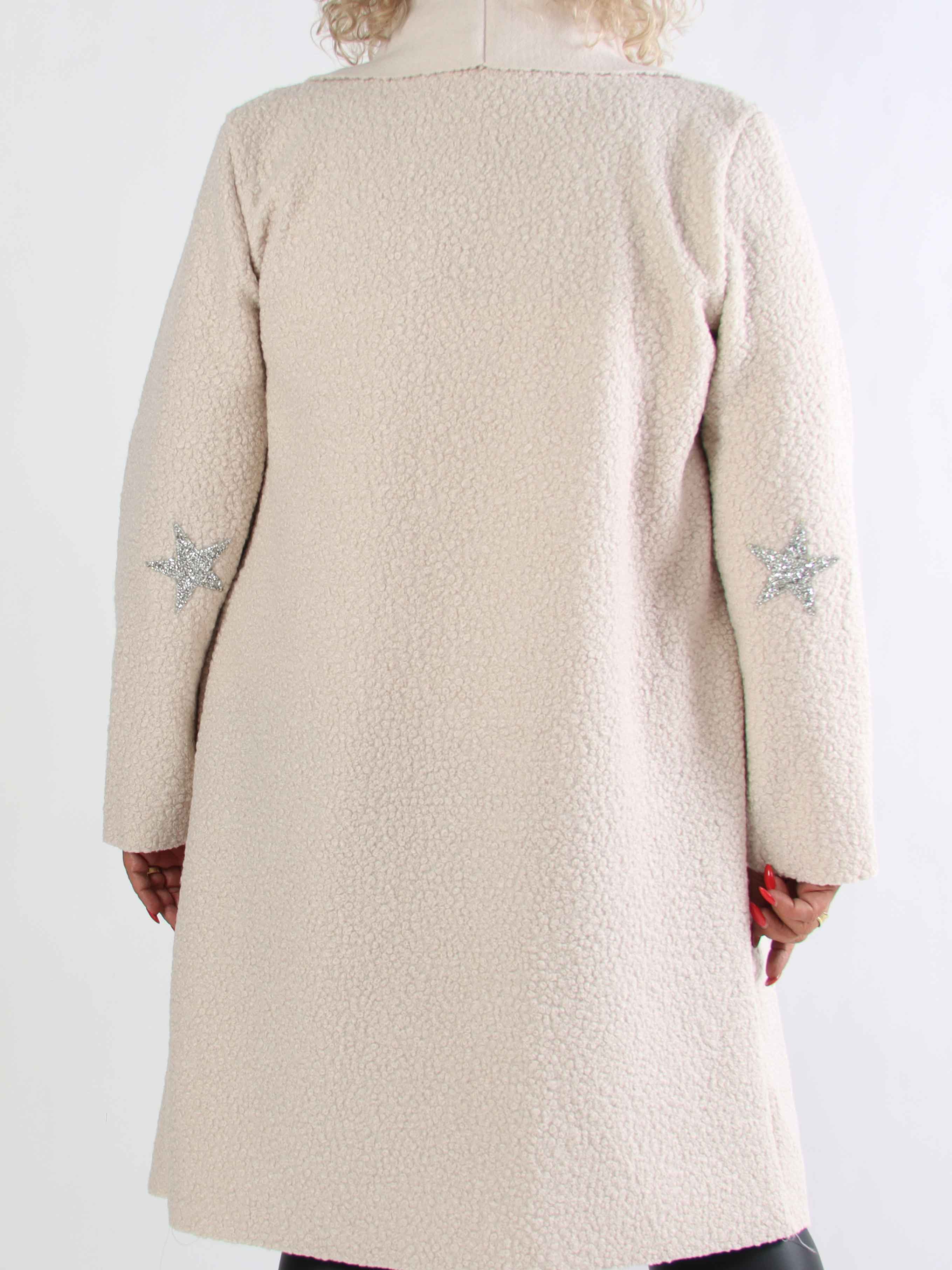 Malfrid - Plus size frakke i blød teddy med shiny stjerner