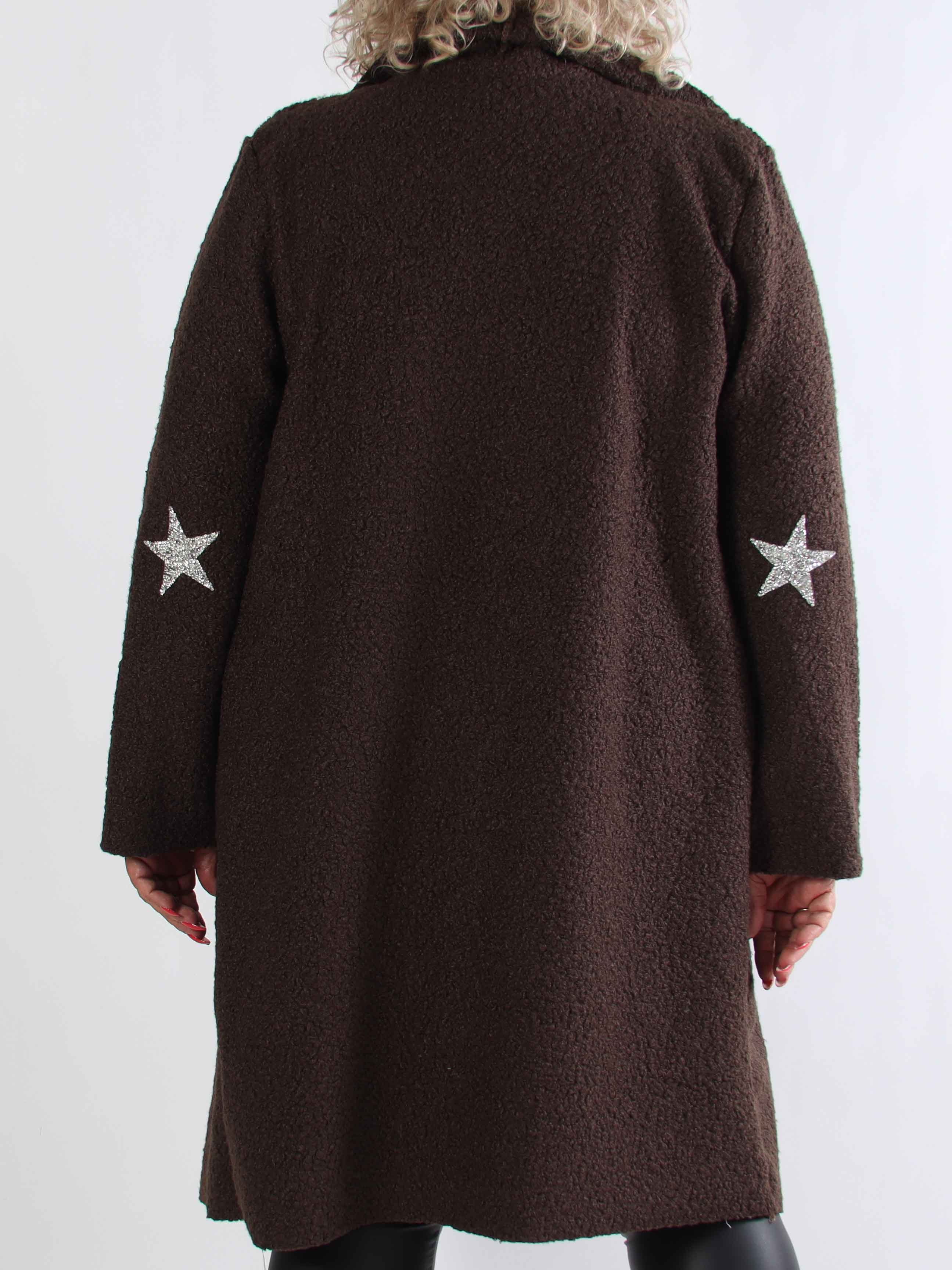 Malfrid - Plus size frakke i blød teddy med shiny stjerner