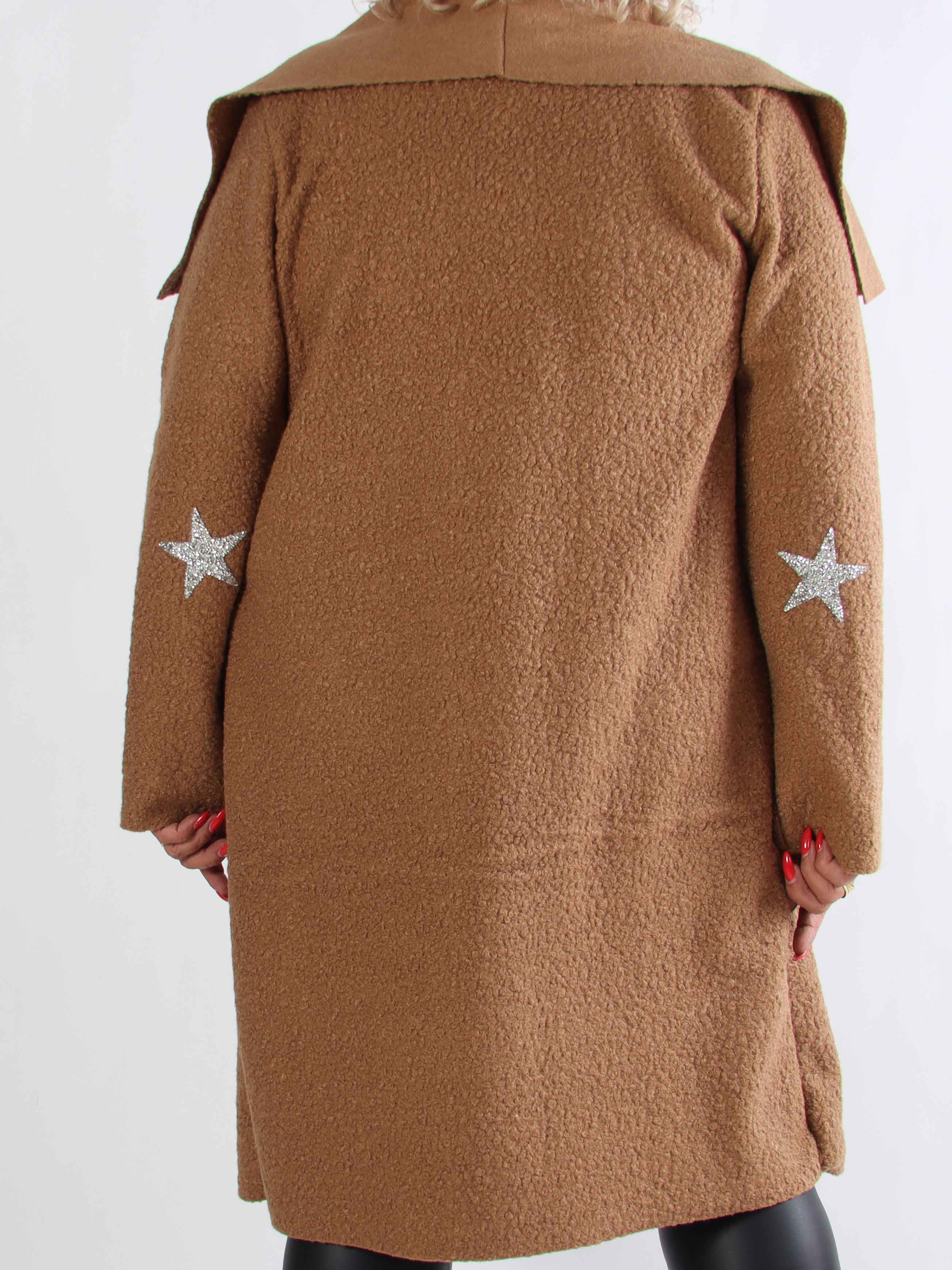 Malfrid - Plus size frakke i blød teddy med shiny stjerner