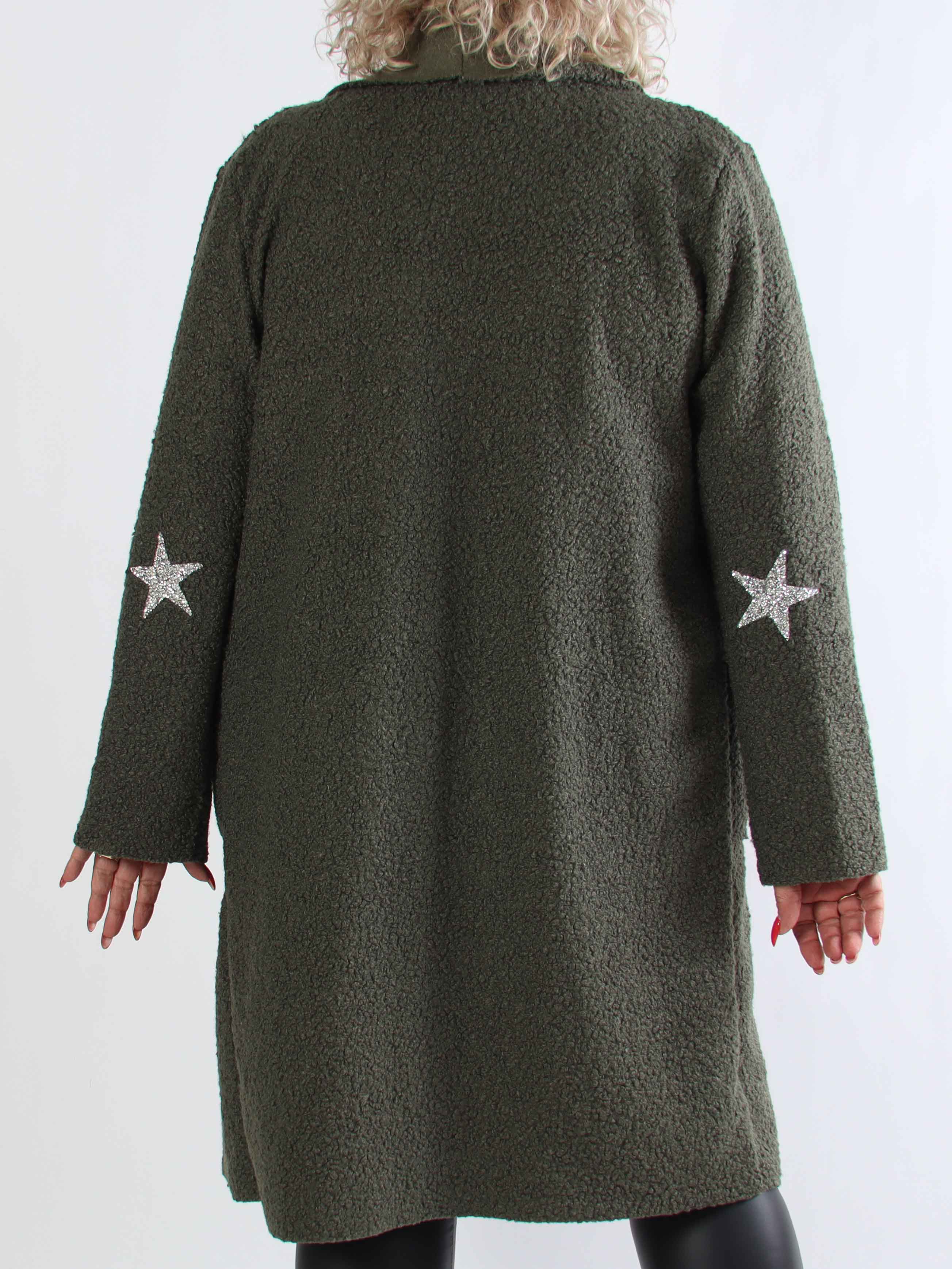 Malfrid - Plus size frakke i blød teddy med shiny stjerner