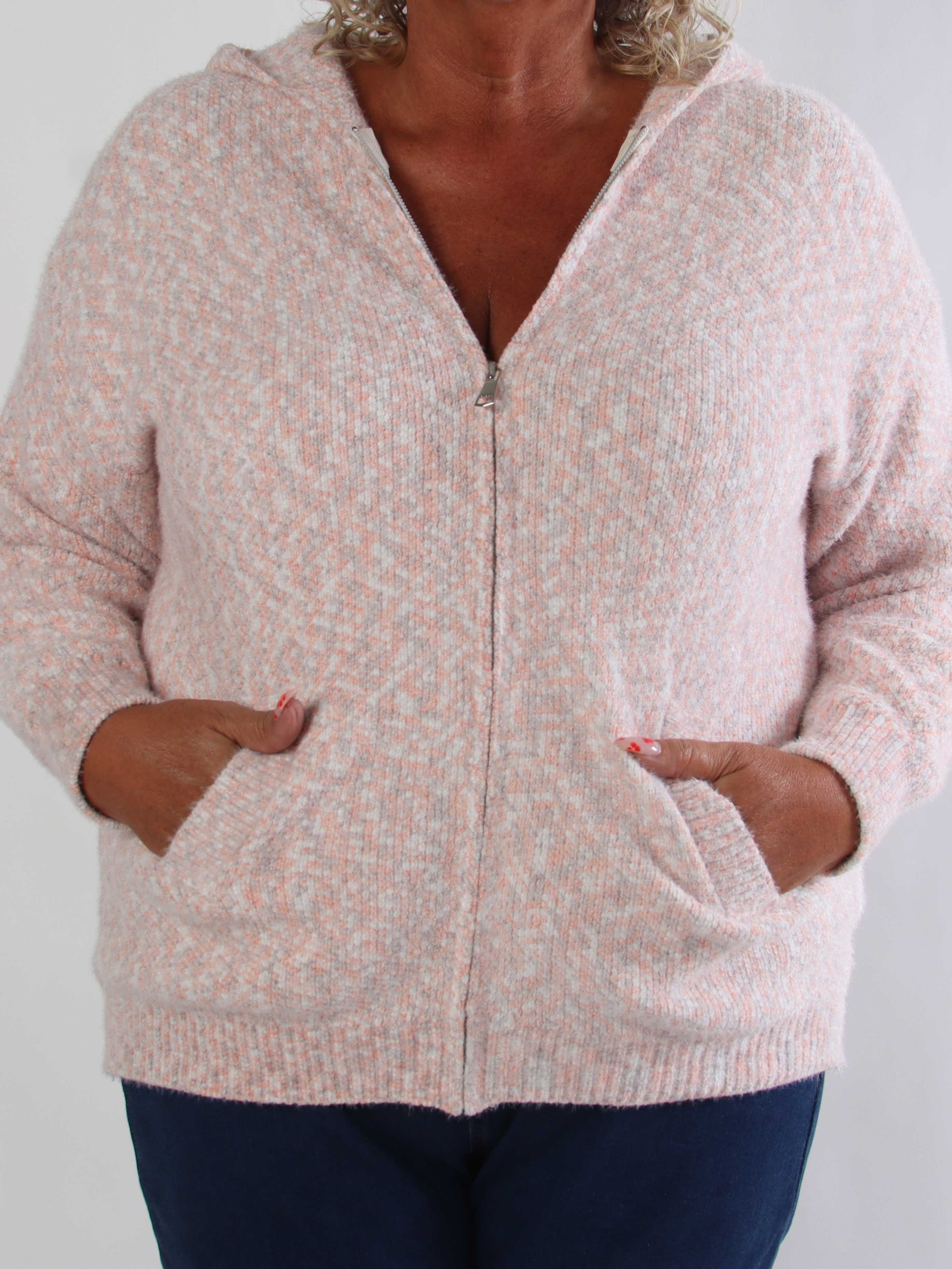Maris - Blød plus size meleret striktrøje med hætte og praktisk lynlåslukning