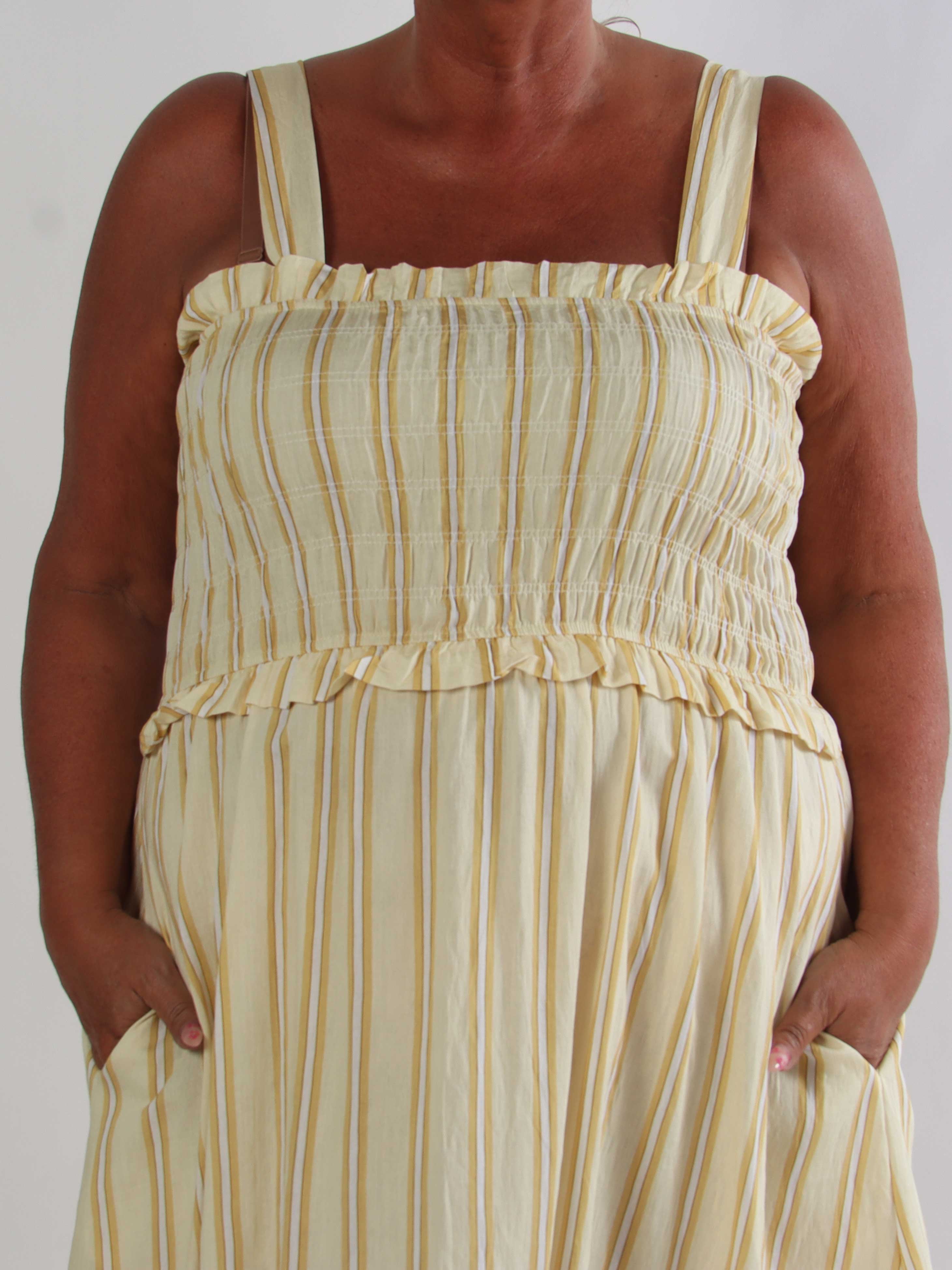 Marisol Stripe - Stribet plus size sommerkjole i viskose med smock henover brystet