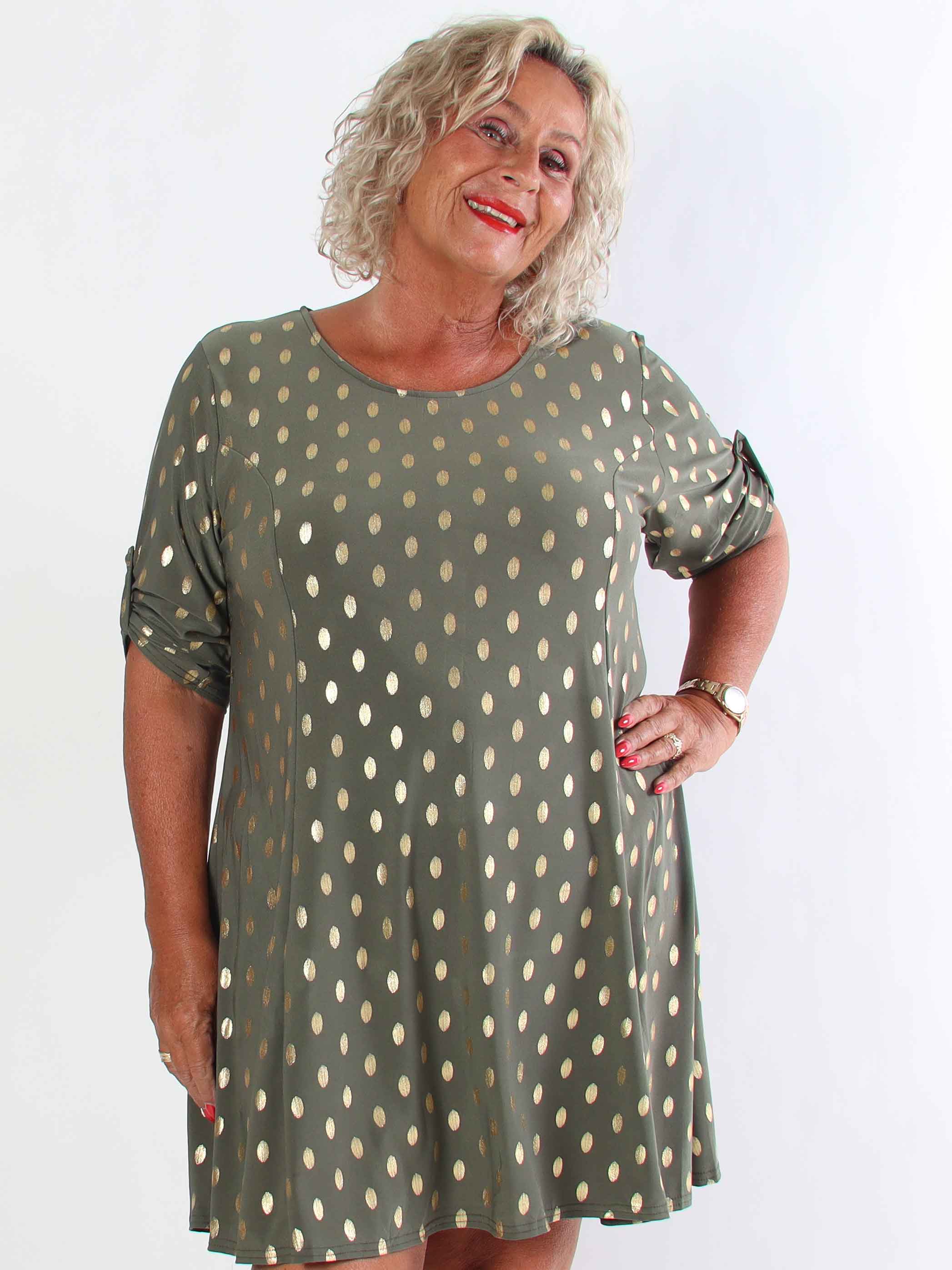 Marlene Gold - Ensfarvet elastisk kjole med a-facon med guld dutter