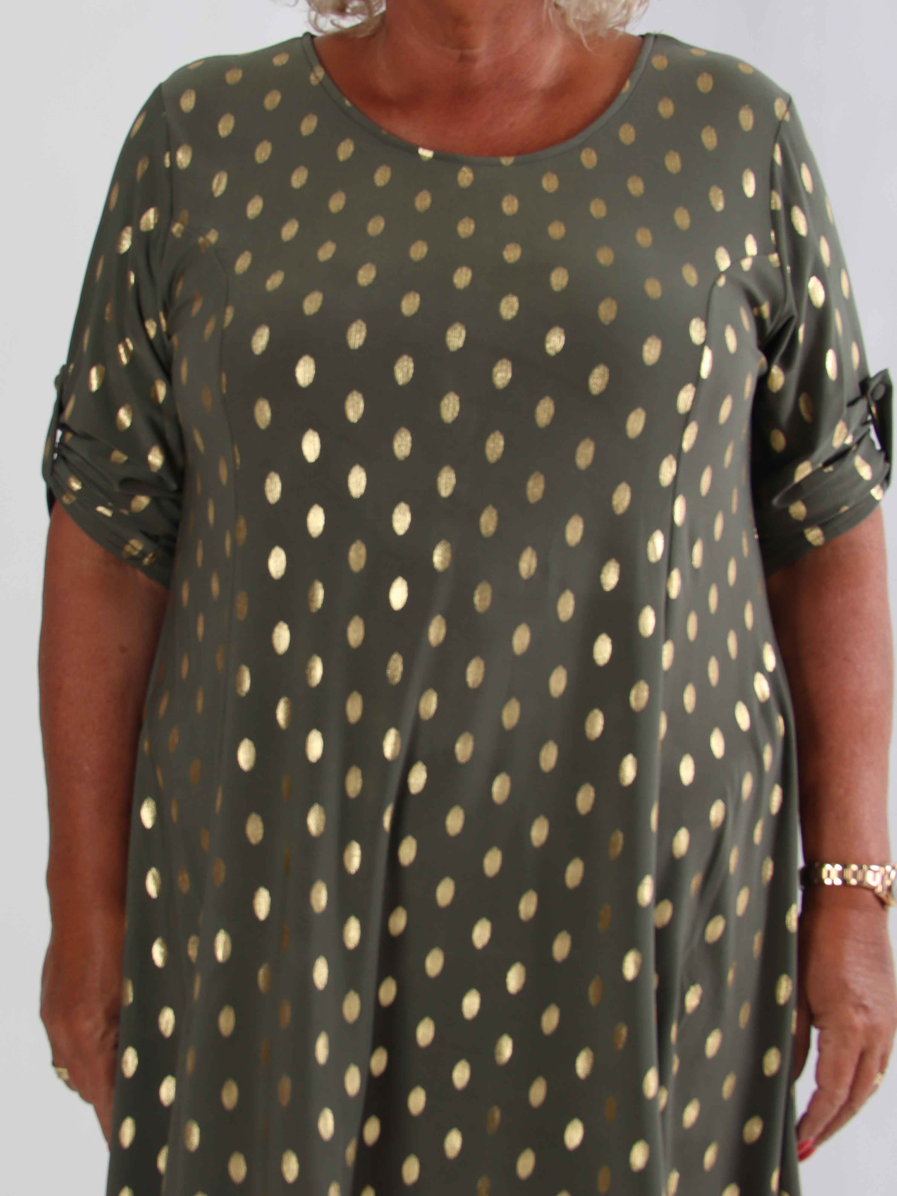 Marlene Gold - Ensfarvet elastisk kjole med a-facon med guld dutter