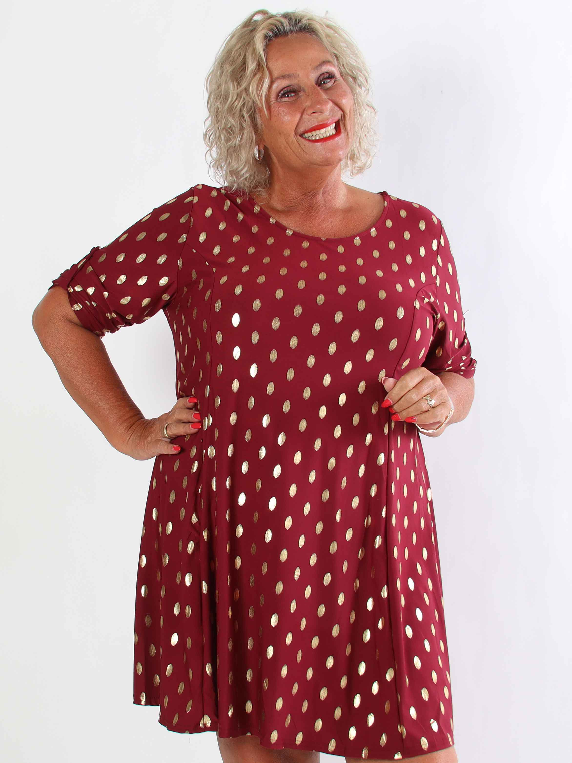 Marlene Gold - Ensfarvet elastisk kjole med a-facon med guld dutter