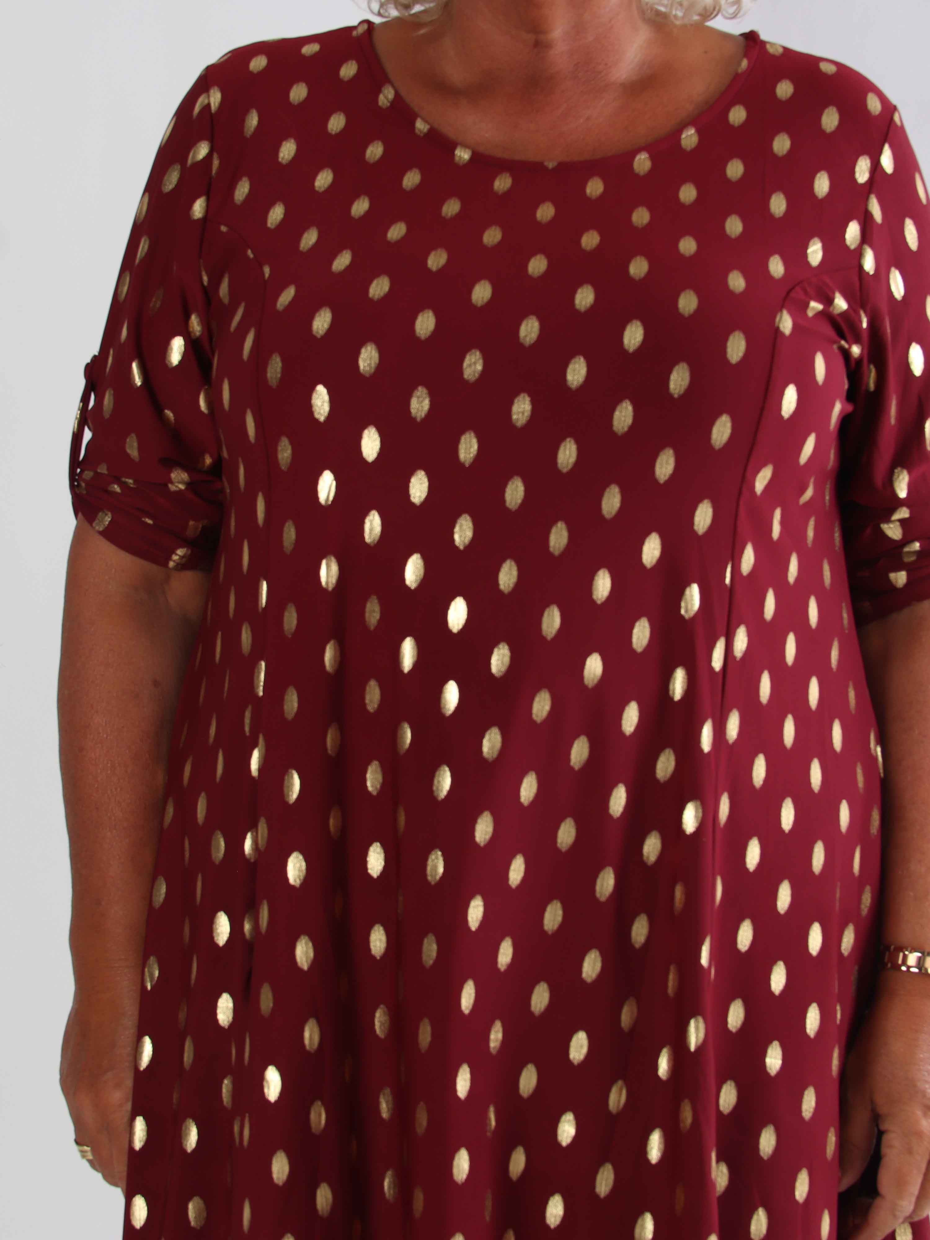 Marlene Gold - Ensfarvet elastisk kjole med a-facon med guld dutter