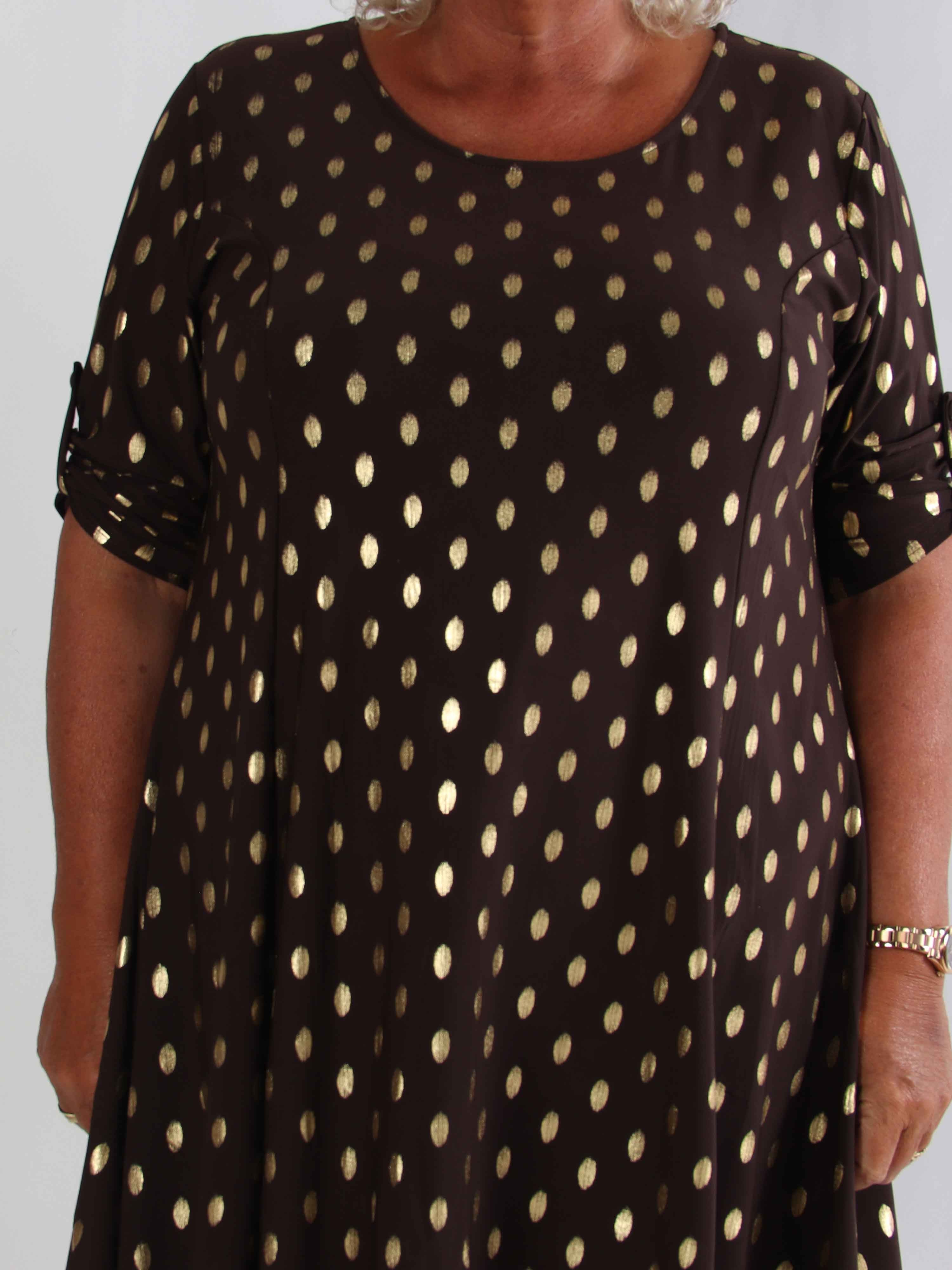 Marlene Gold - Ensfarvet elastisk kjole med a-facon med guld dutter