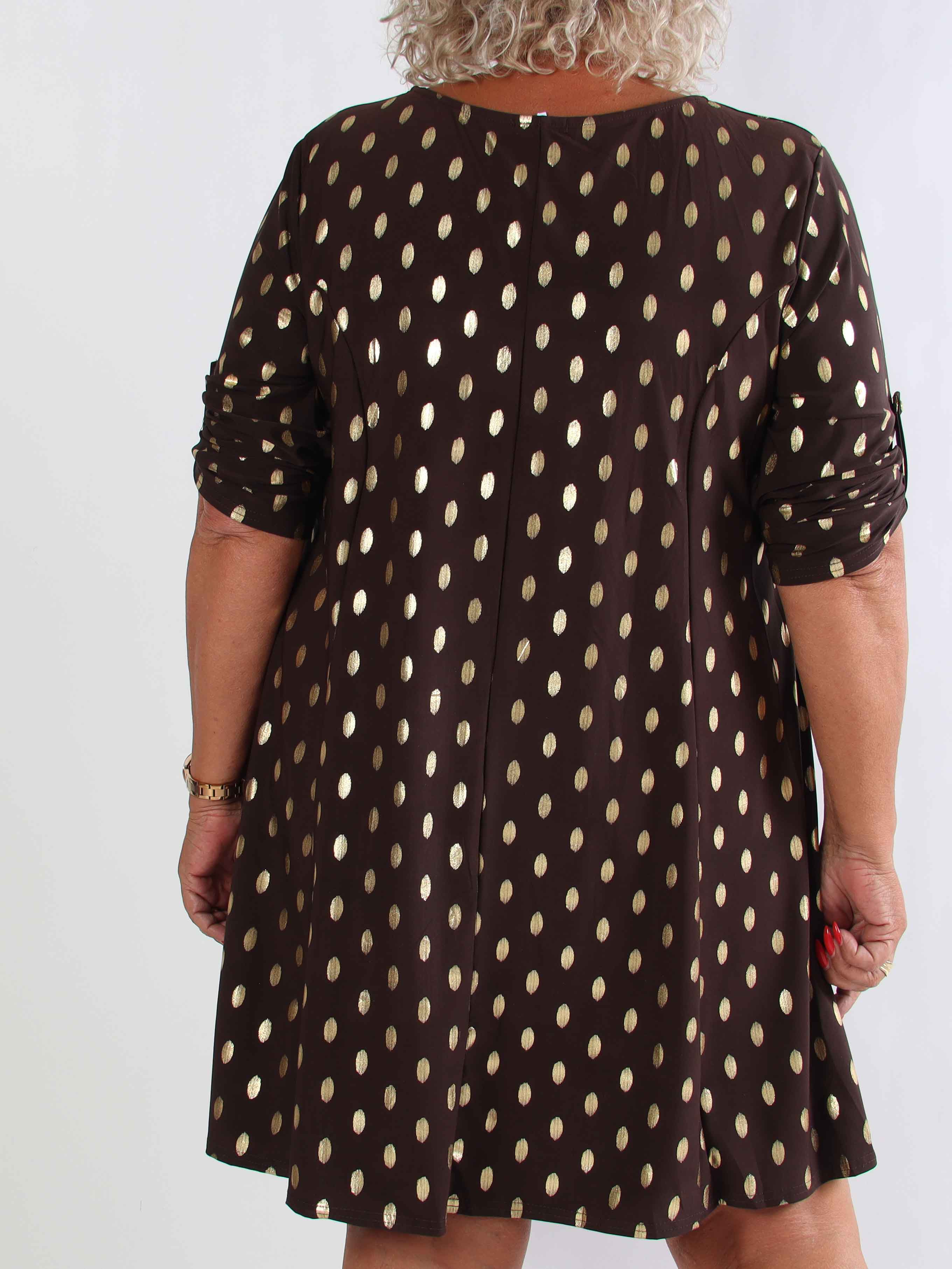 Marlene Gold - Ensfarvet elastisk kjole med a-facon med guld dutter