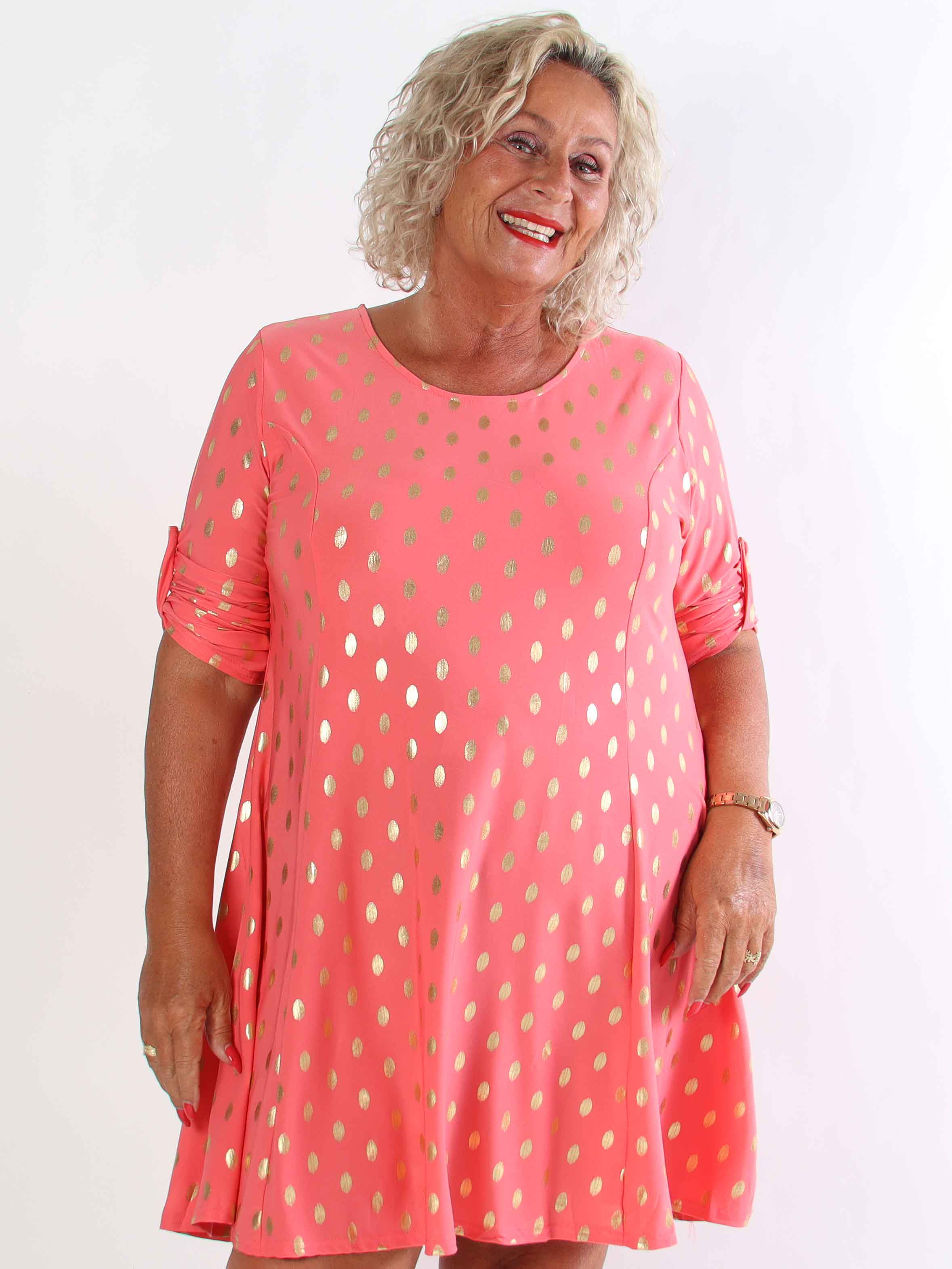 Marlene Gold - Ensfarvet elastisk kjole med a-facon med guld dutter