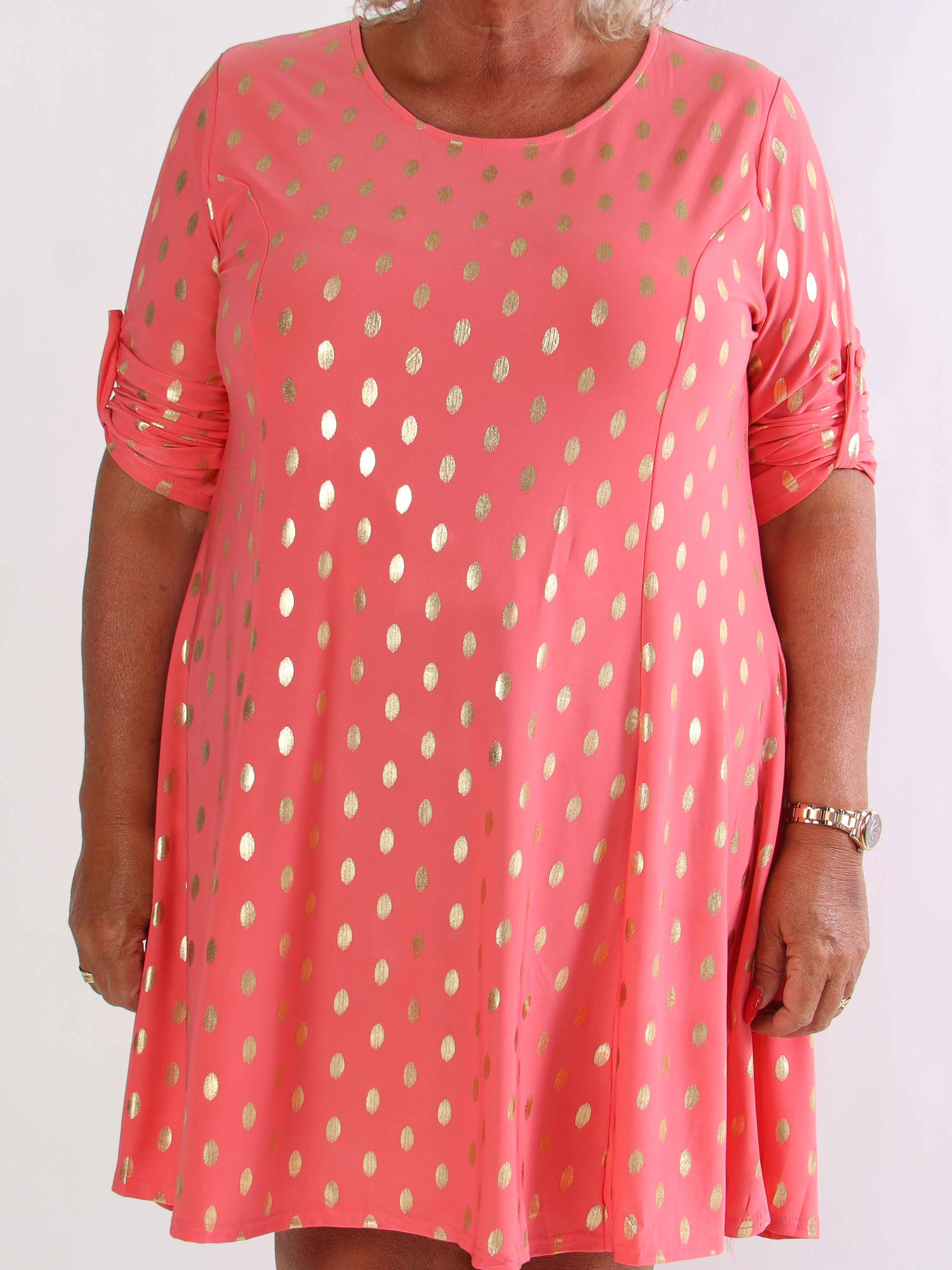 Marlene Gold - Ensfarvet elastisk kjole med a-facon med guld dutter