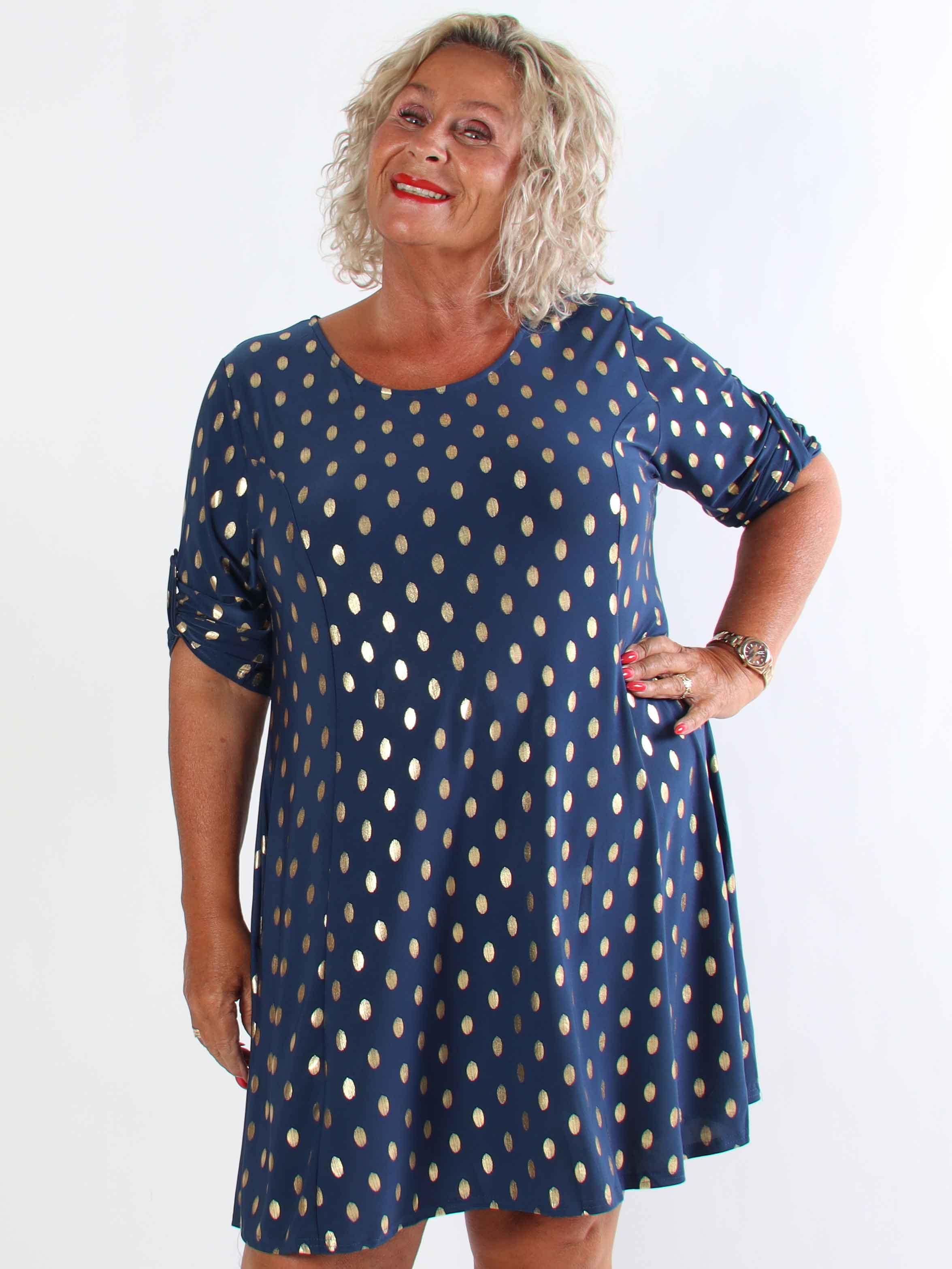 Marlene Gold - Ensfarvet elastisk kjole med a-facon med guld dutter