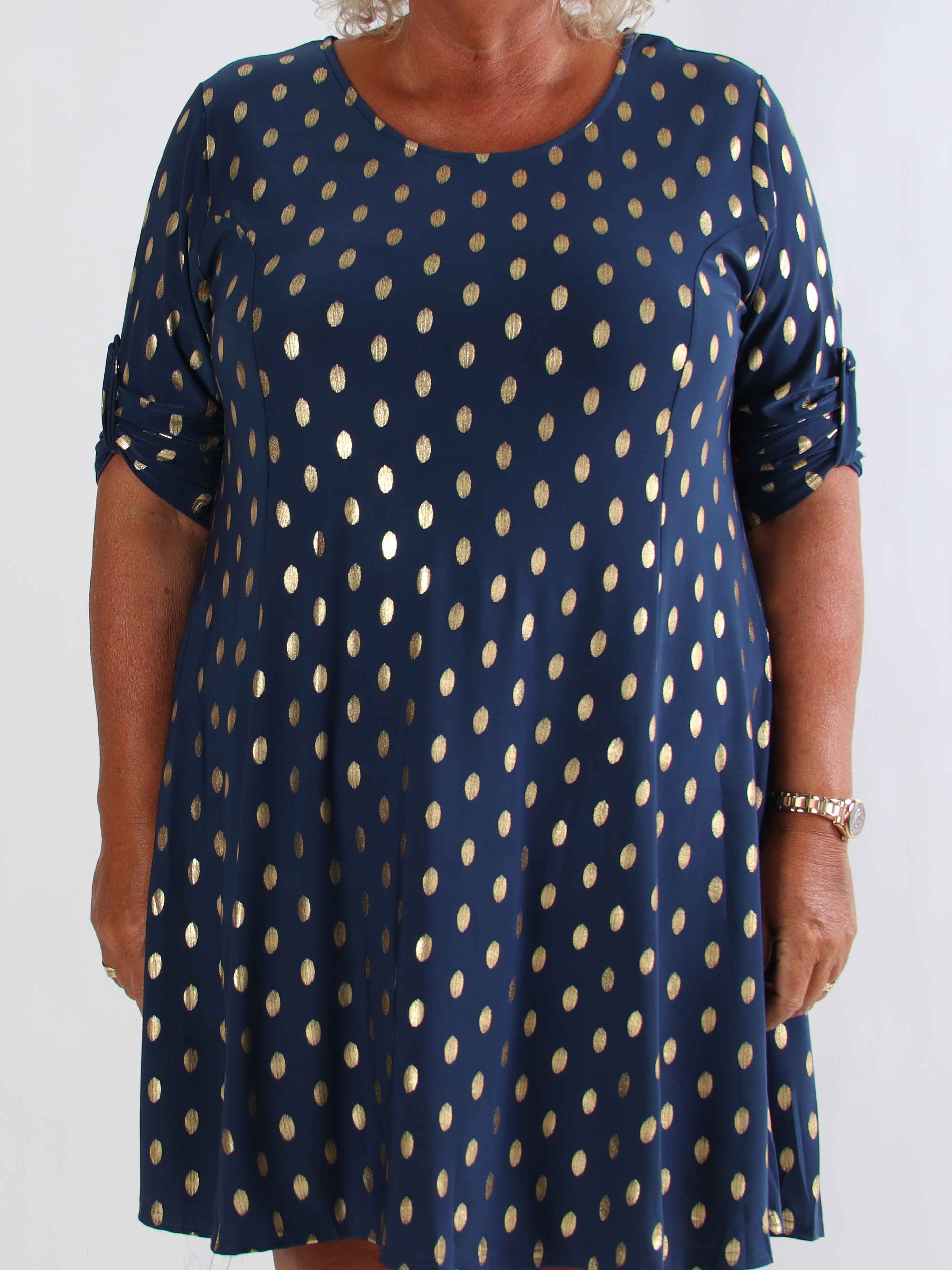 Marlene Gold - Ensfarvet elastisk kjole med a-facon med guld dutter