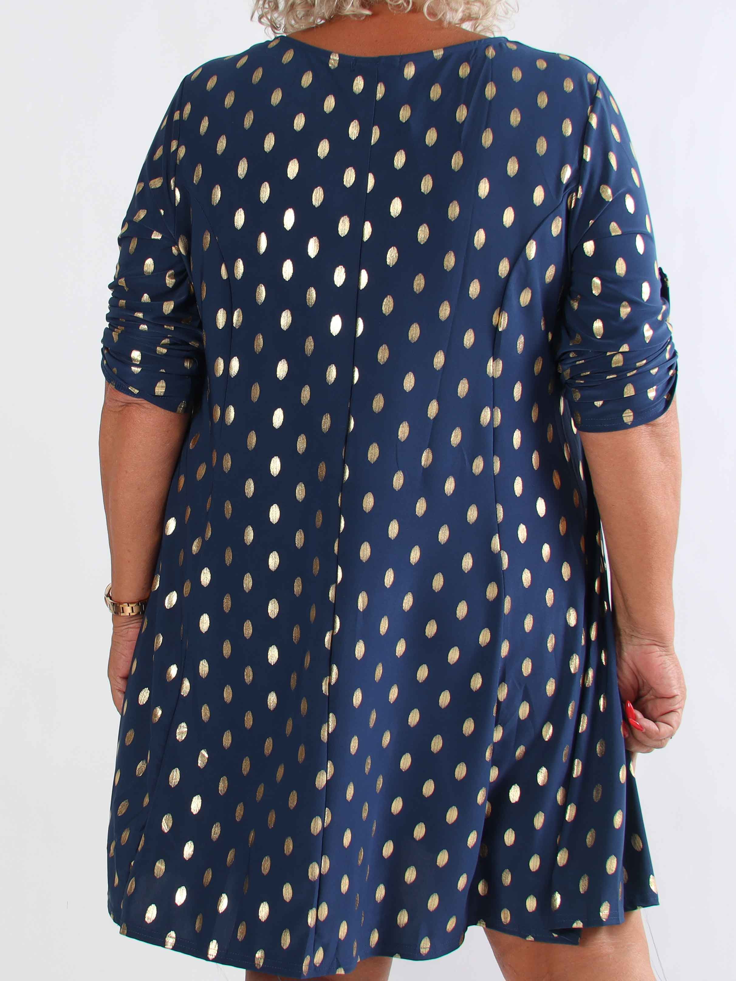 Marlene Gold - Ensfarvet elastisk kjole med a-facon med guld dutter