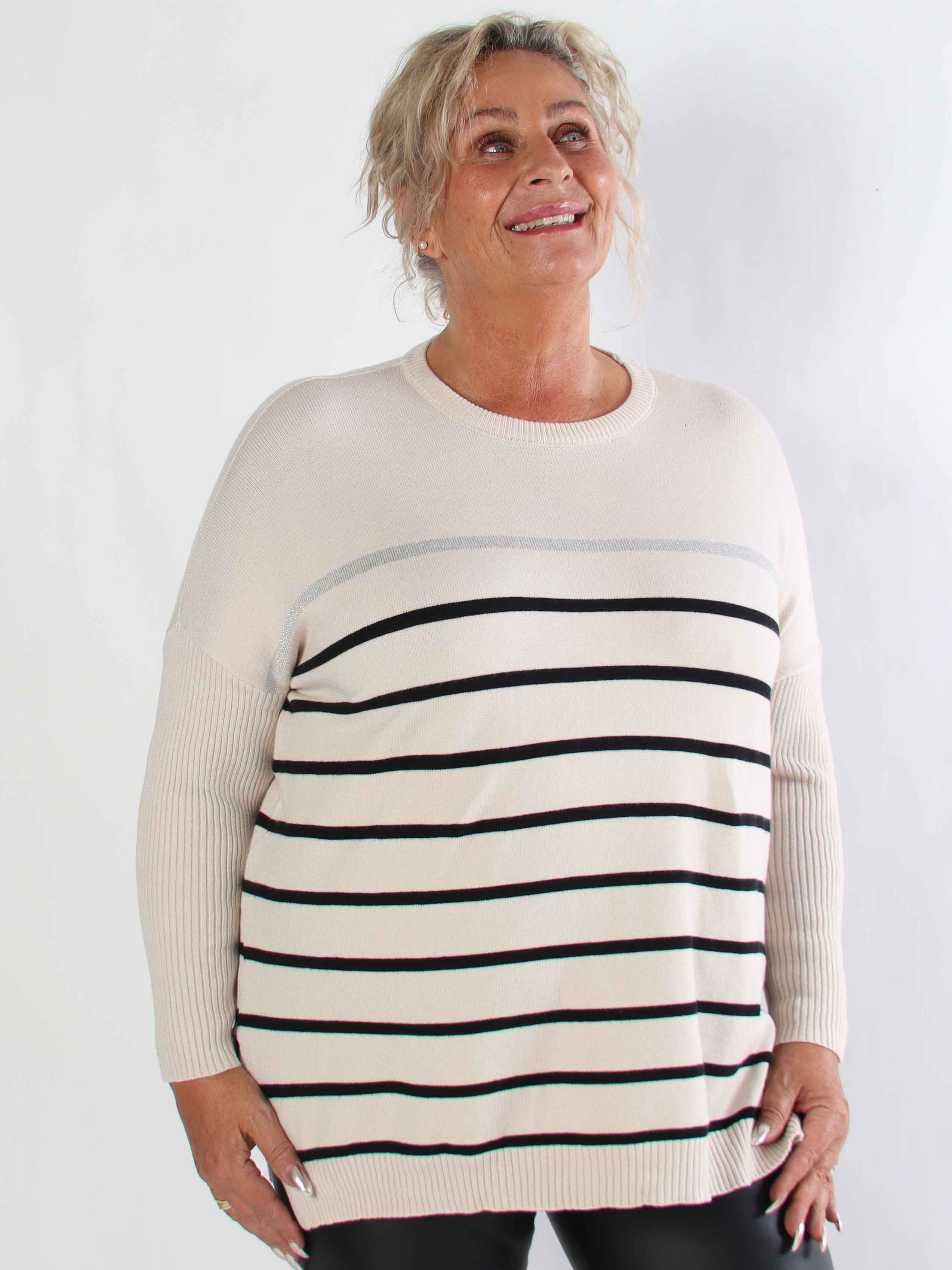 Mei - Stribet elastisk plus size strikbluse i viskose