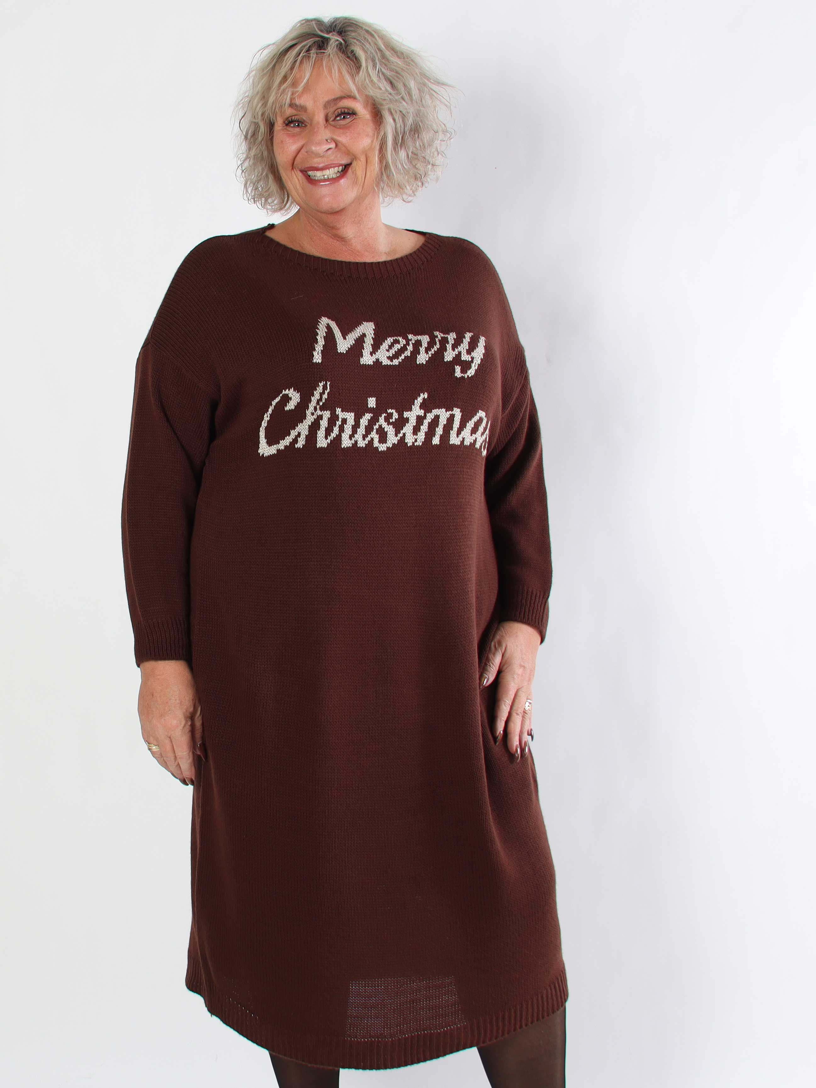 Merry Long - Plus size julestrikkjole med guld skrift
