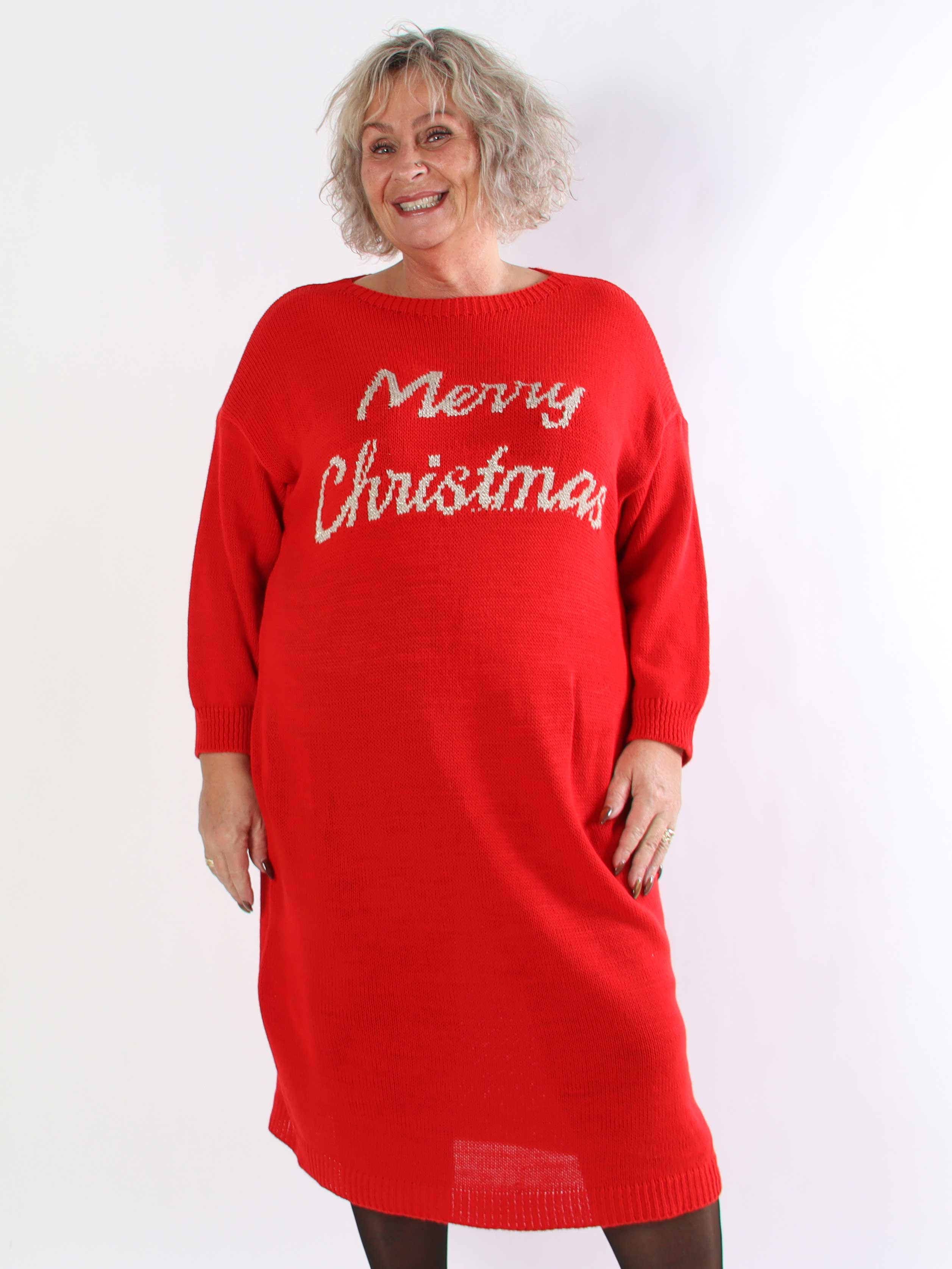 Merry Long - Plus size julestrikkjole med guld skrift
